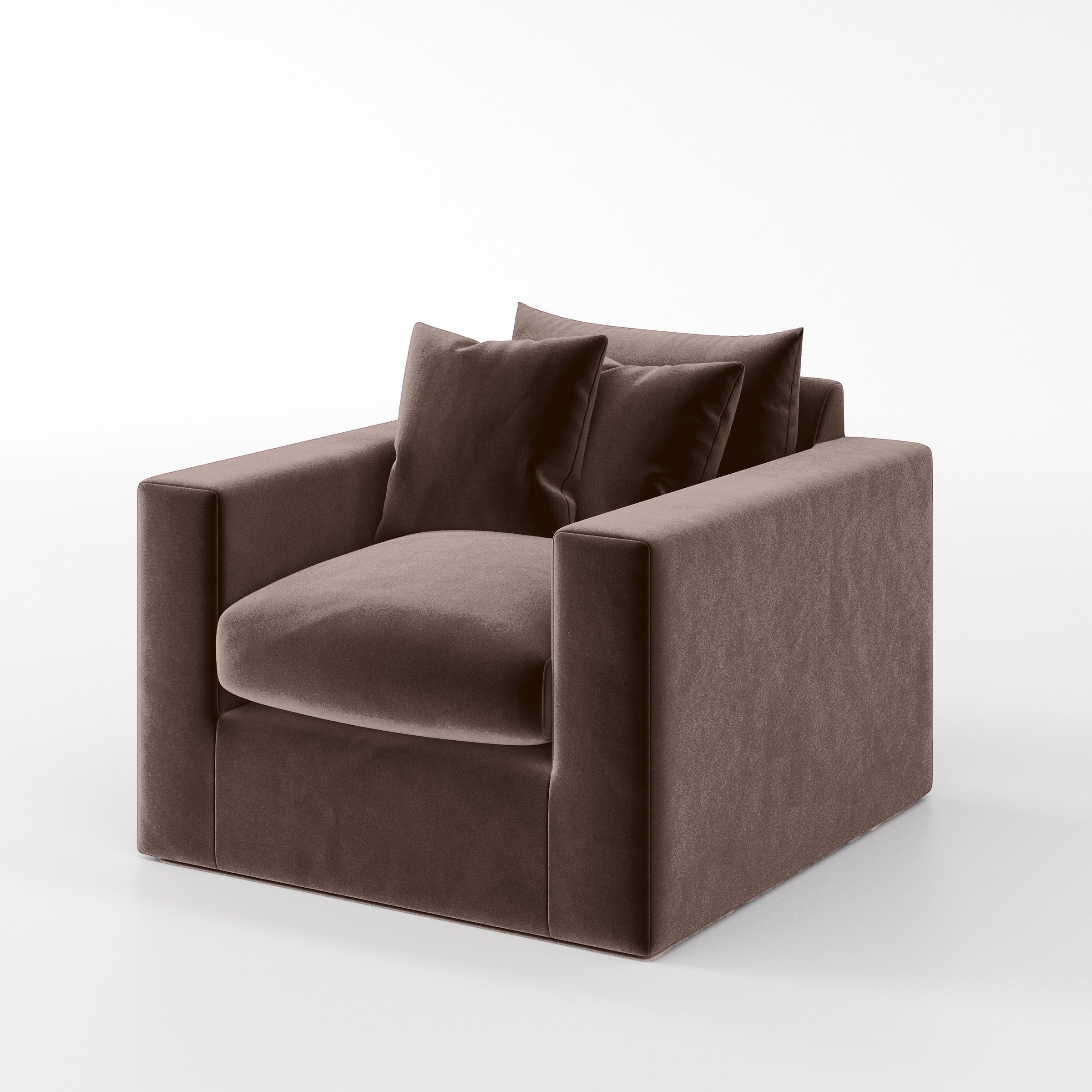 Diagonal view of the Coniston armchair upholstered in Plush EasyClean Velvet in Mole.