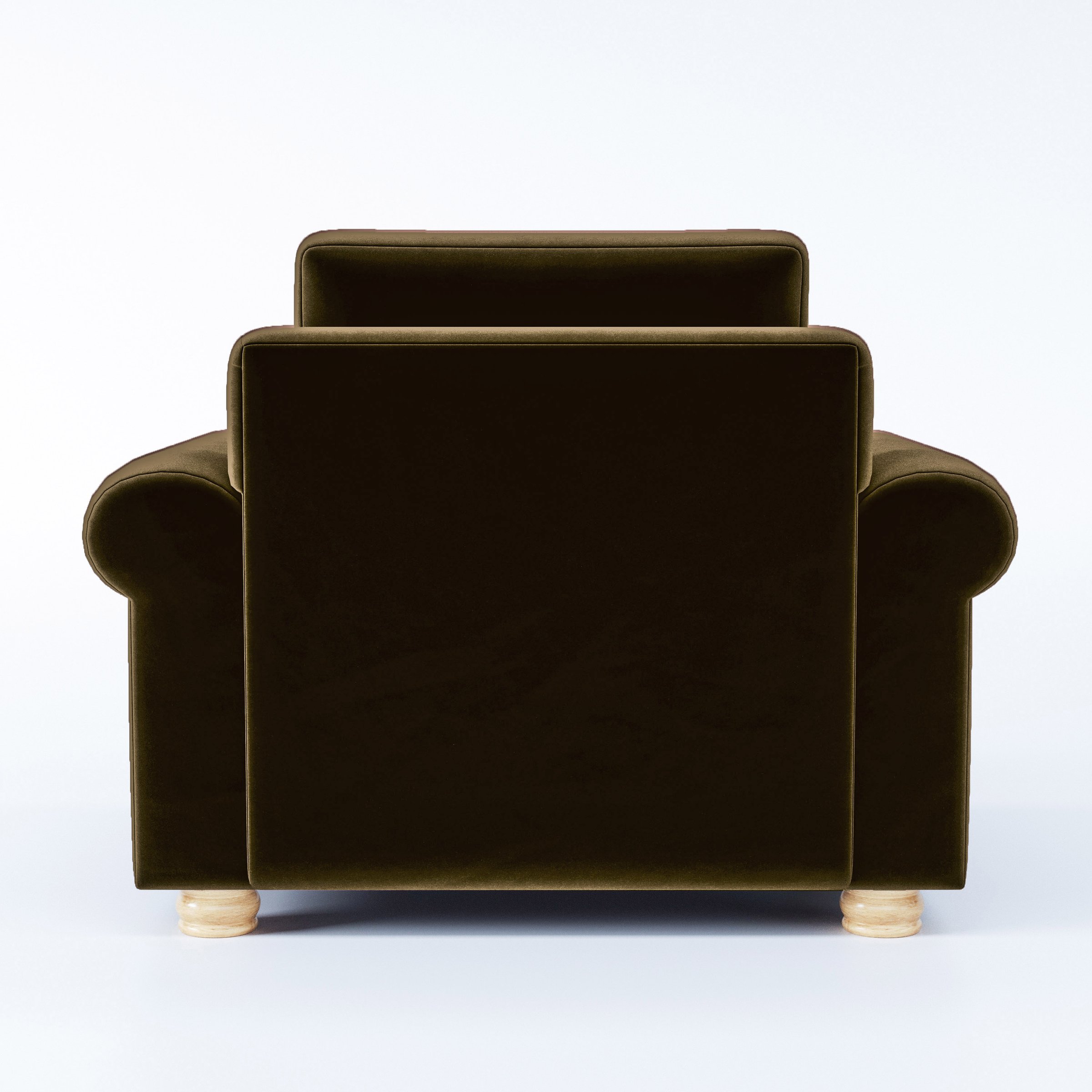 Rear view of the Anna Lee armchair upholstered in Plush EasyClean Velvet in Cedar.