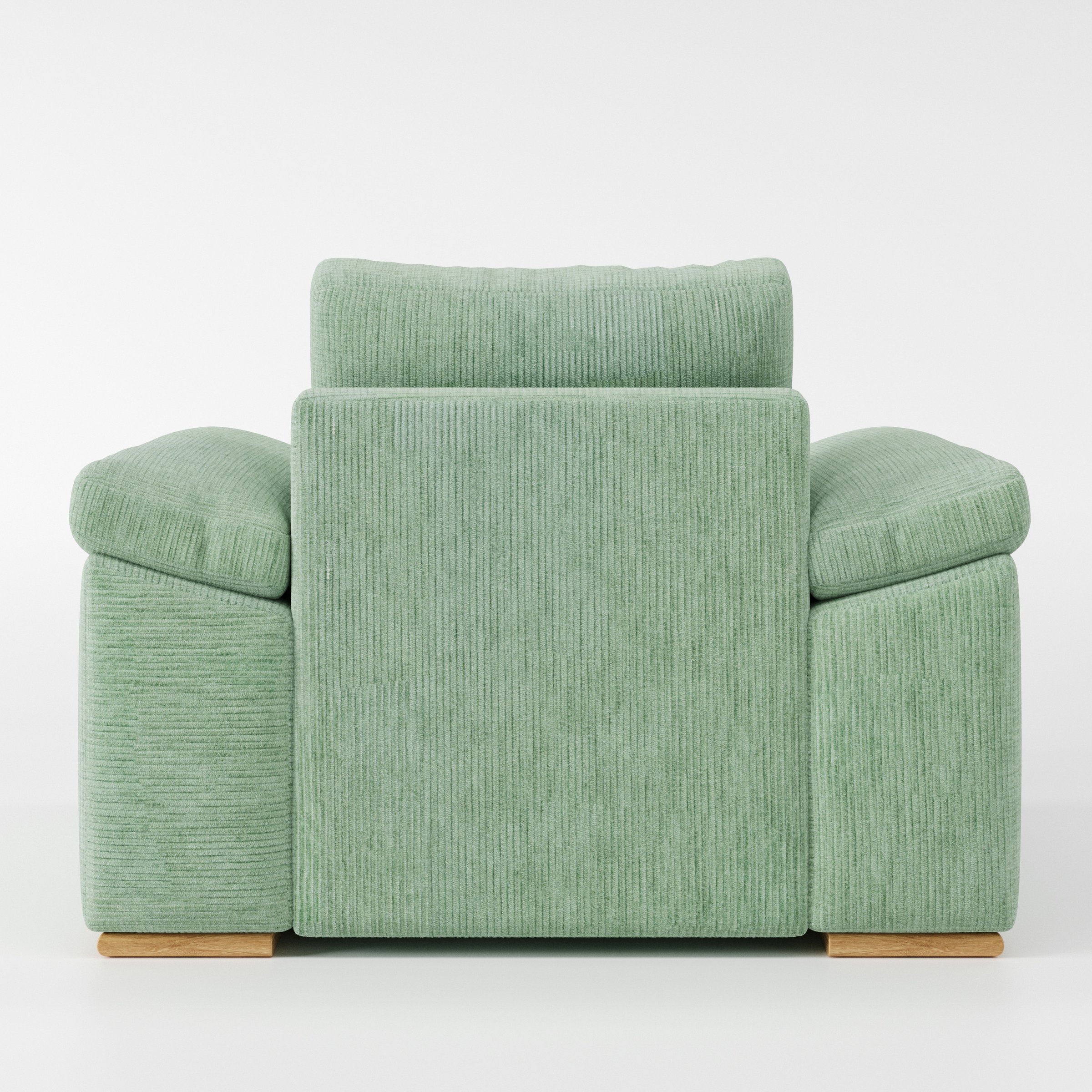 Moy armchair in Caldey Velvet Corduroy Eucalyptus shown from the rear highlighting backrest shape and upholstery finish.