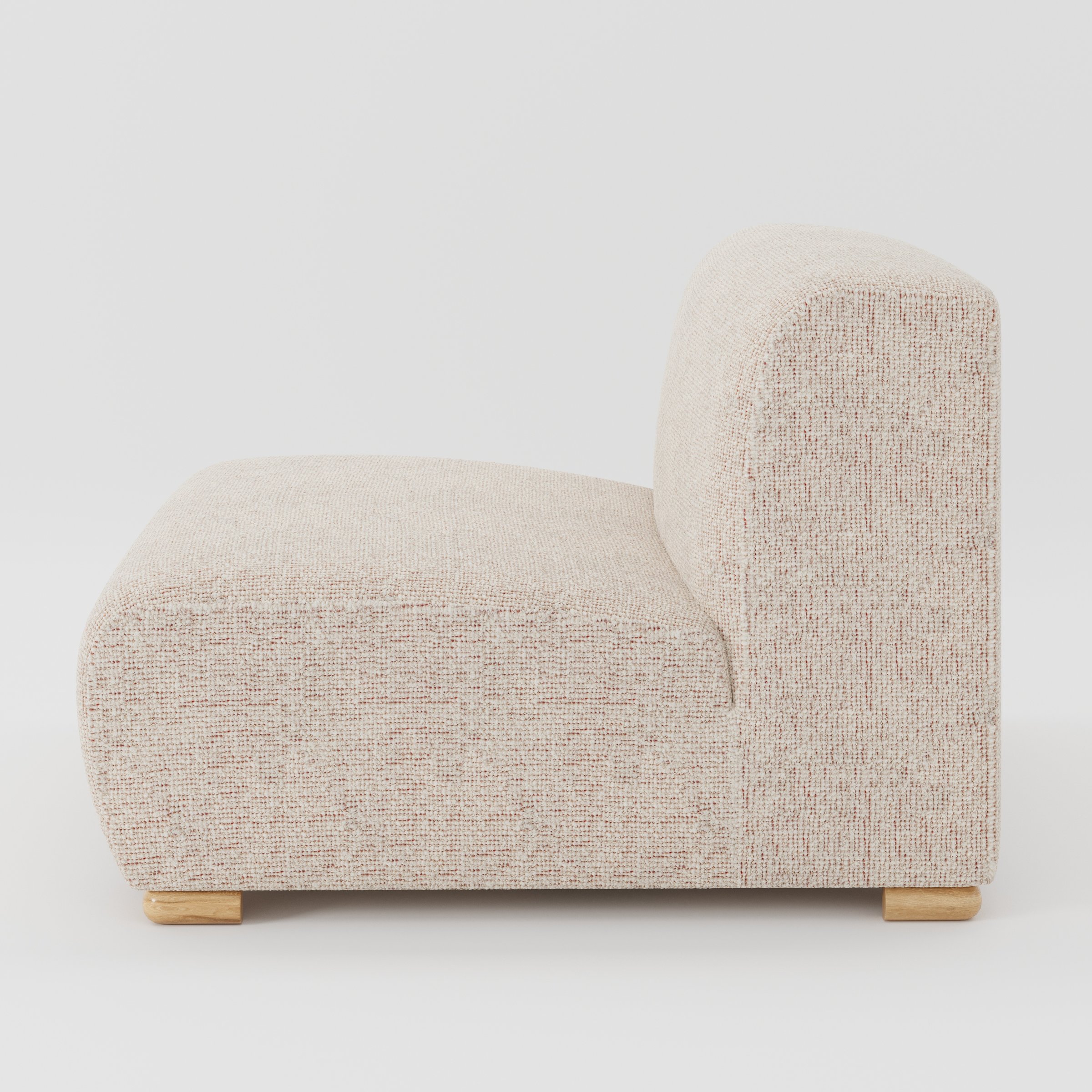 Tay single sofa unit in Orsay Bouclé Cream and Copper shown from the side showing the low backrest, deep seat and timber feet.