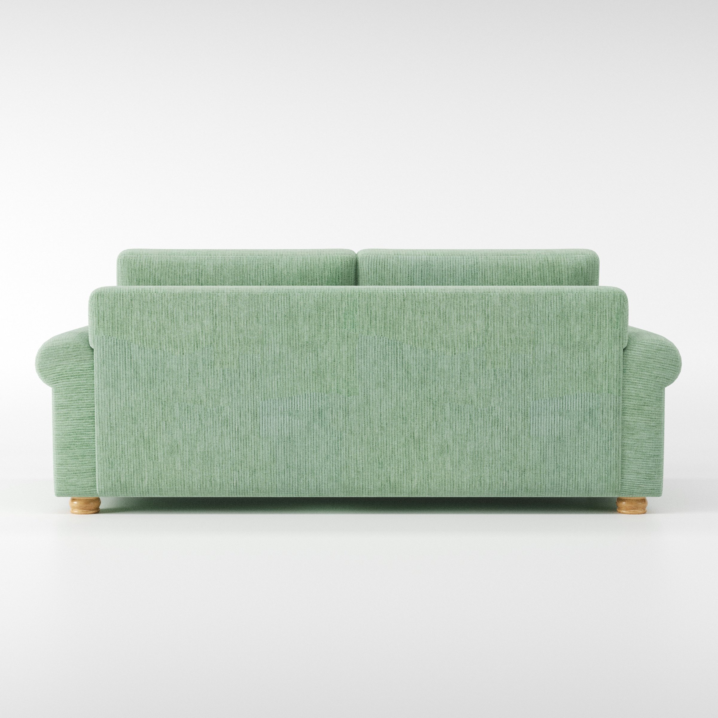 Anna Lee sofa in Caldey Velvet Corduroy Eucalyptus shown from the rear highlighting back cushions and upholstery finish.
