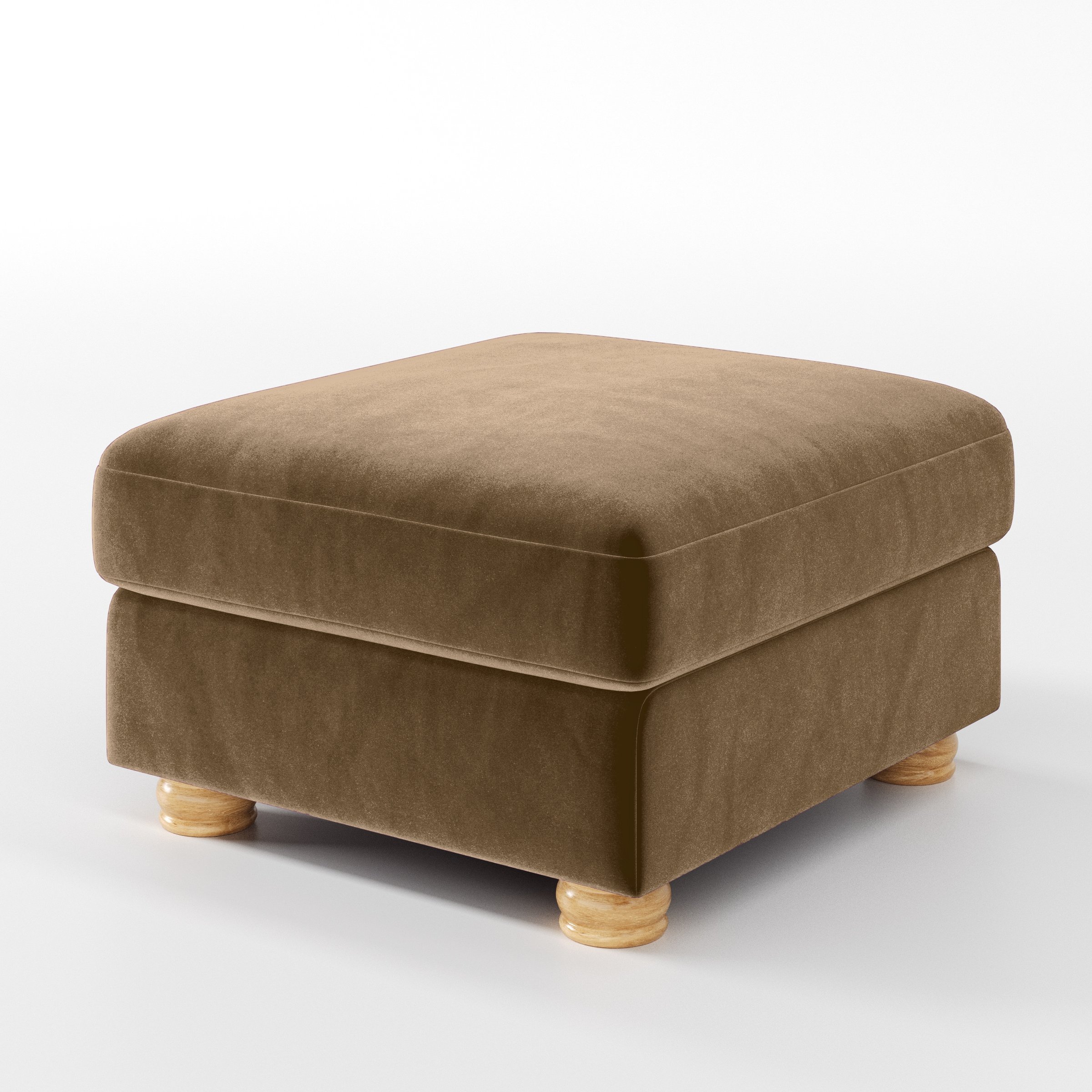 Diagonal view of the Anna Lee footstool upholstered in Plush EasyClean Velvet in Caribou.