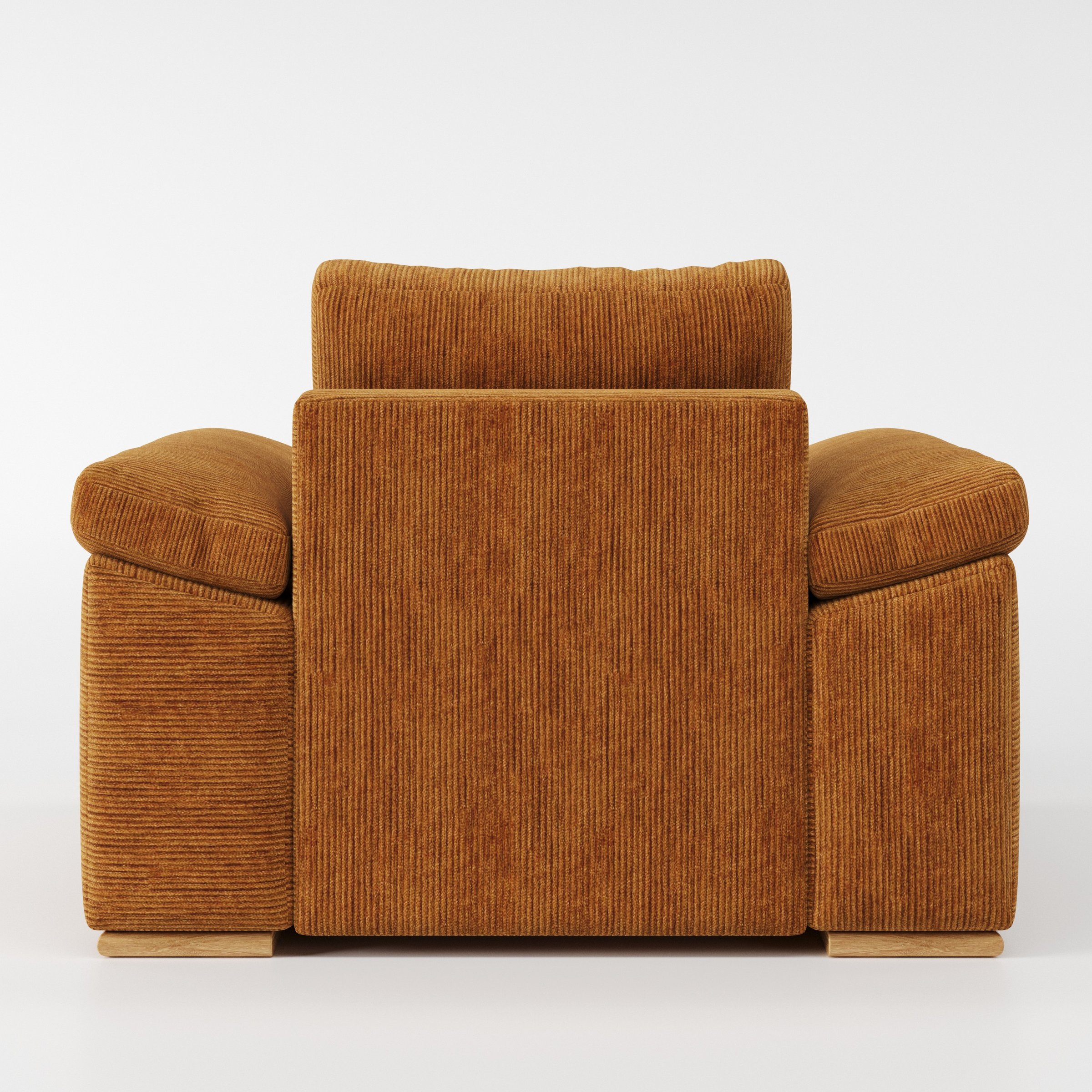 Moy armchair in Caldey Velvet Corduroy Tobacco shown from the rear highlighting backrest shape and upholstery finish.