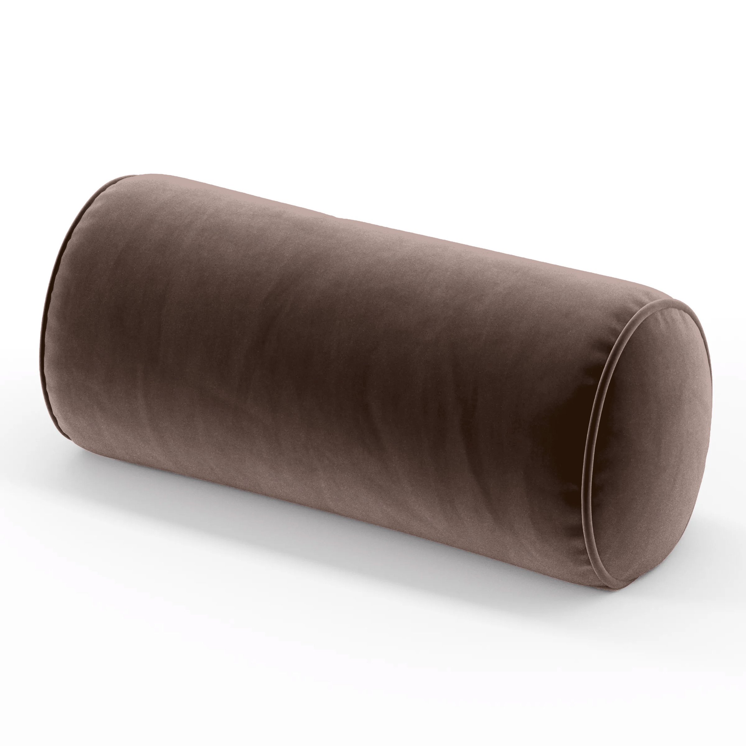 Ledger Cushion cylindrical bolster cushion with piping upholstered in Plush EasyClean Velvet in Mole, size 26cm x 56cm.