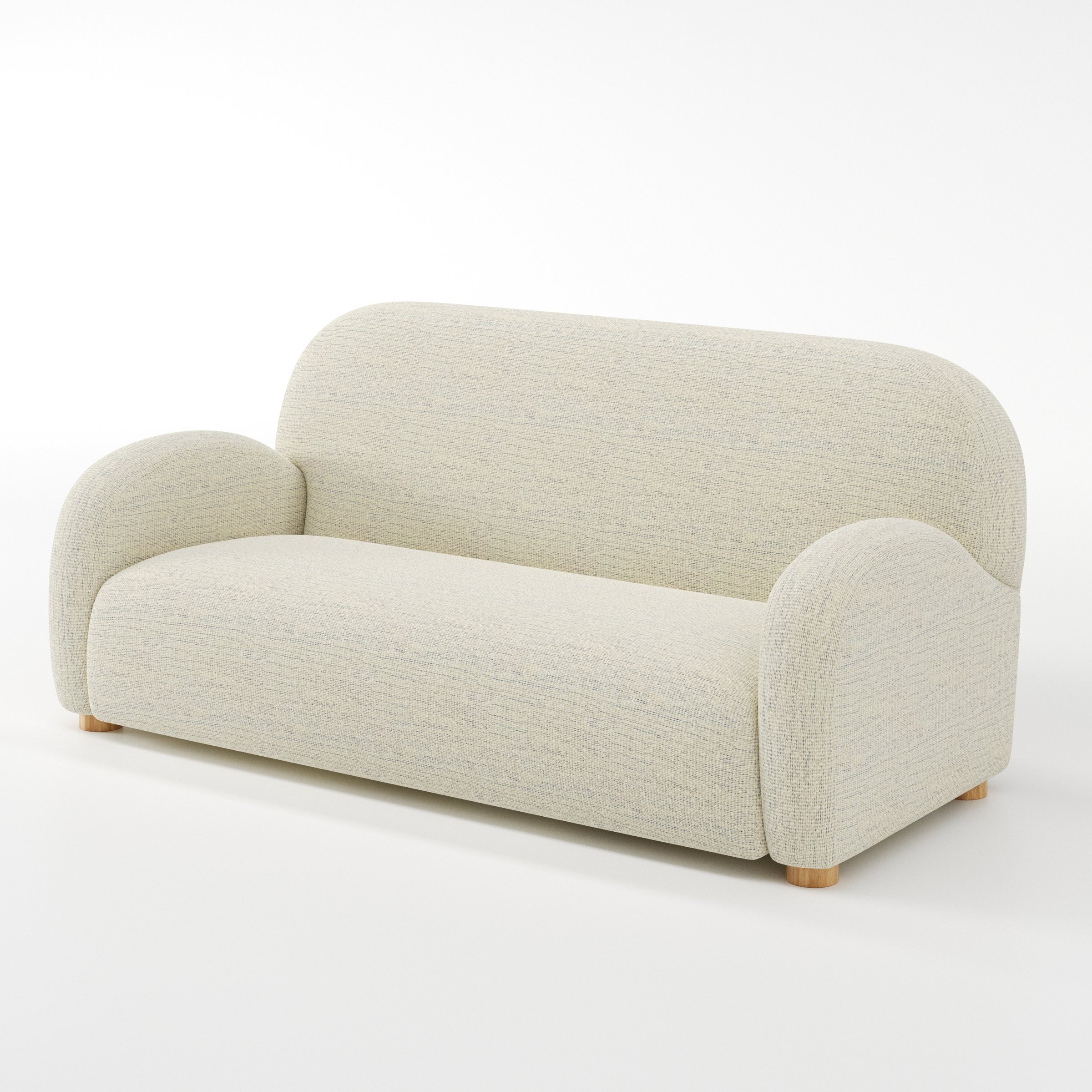 Awe sofa in Orsay Boucle Cream and Marine shown at a diagonal angle highlighting arm profile and seat depth.