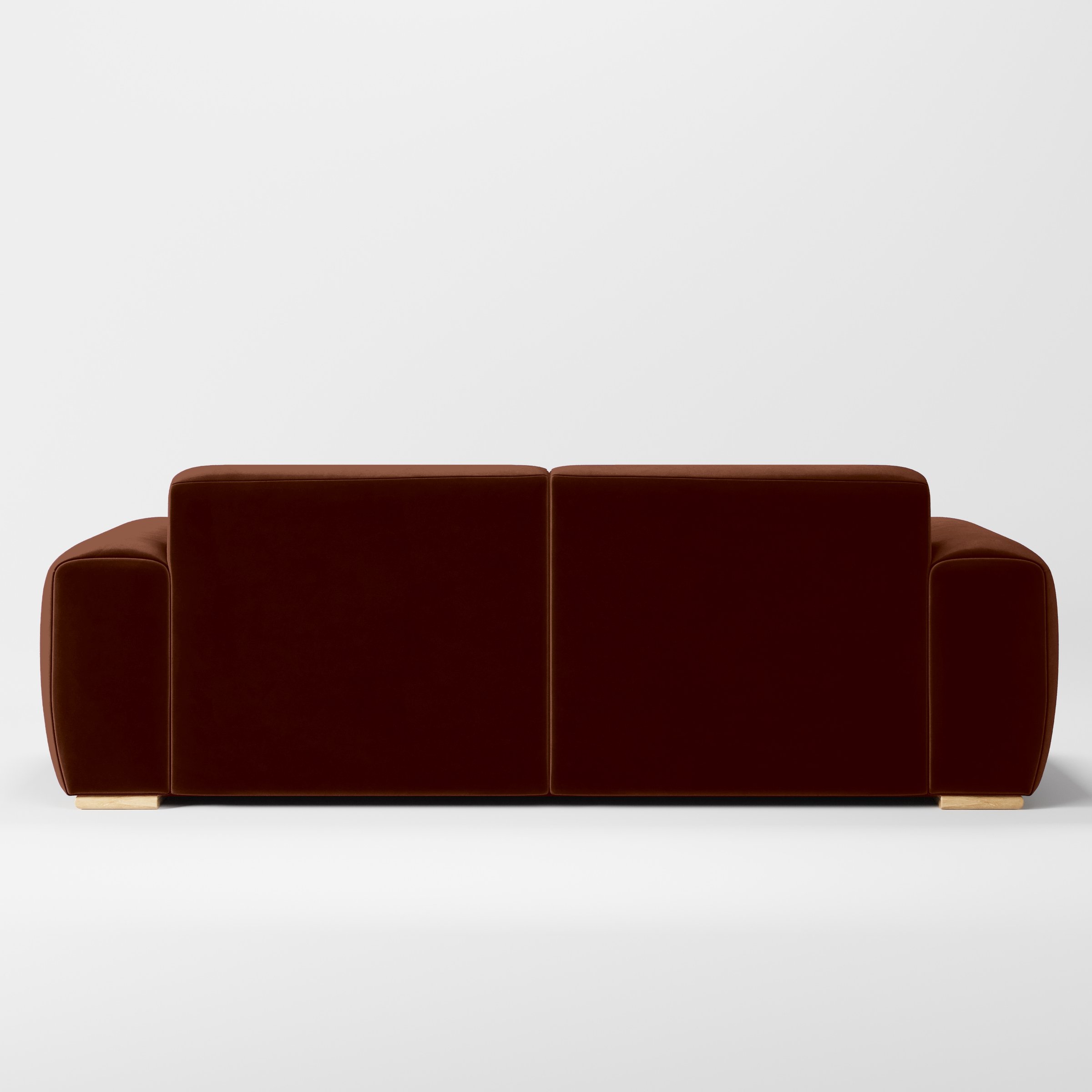 Rear view of the Darwell sofa upholstered in Plush EasyClean Velvet in Maple.