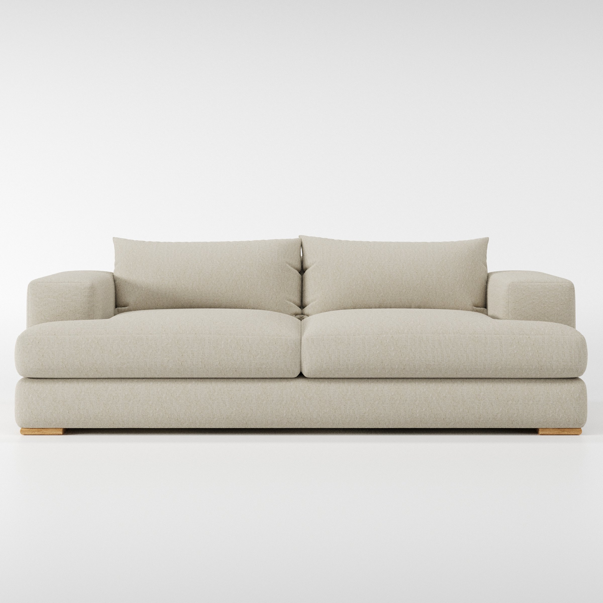 Fane sofa in Alderney Linen Oatmeal shown front-on against a neutral studio backdrop.