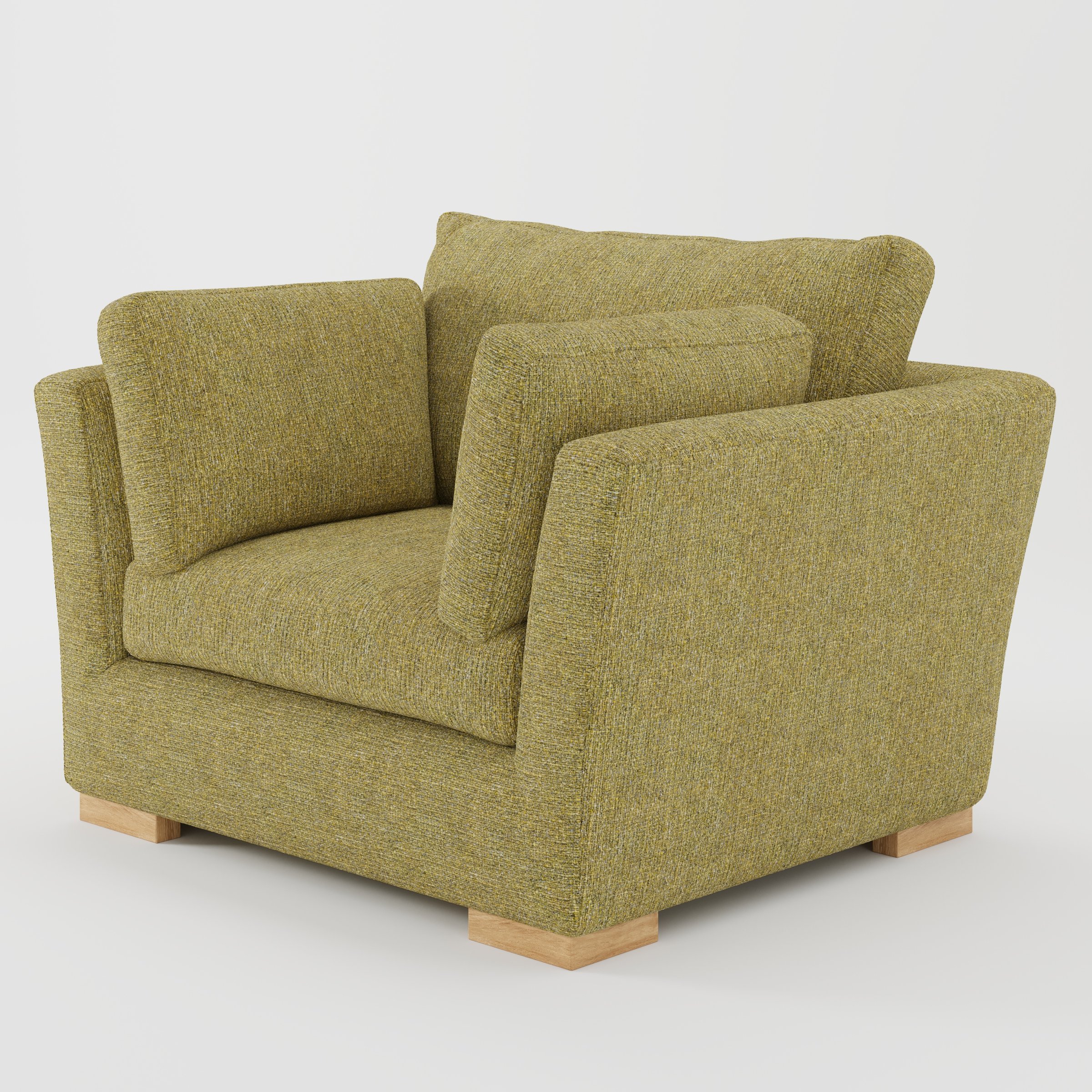 Stowe armchair in Heyling Tweed Sencha shown at a diagonal angle highlighting splayed arms and seat depth.
