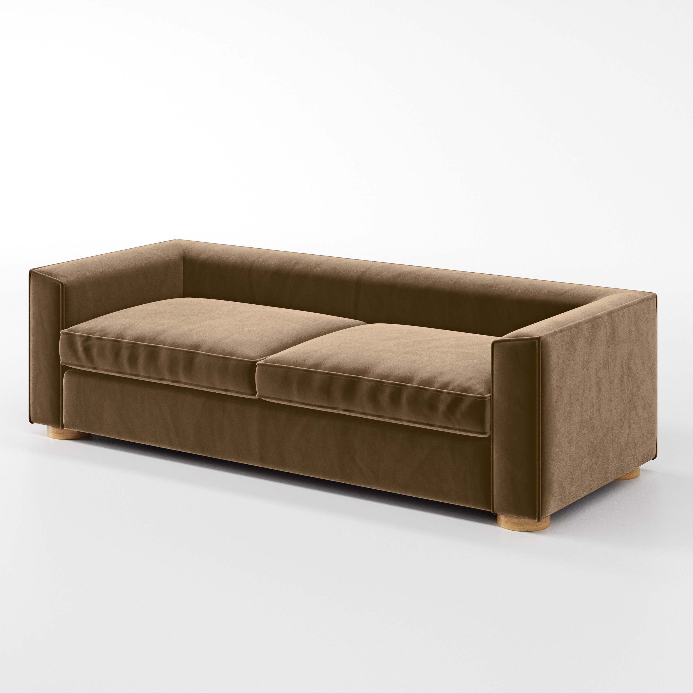 Diagonal view of the Feale sofa upholstered in Plush EasyClean Velvet in Caribou.