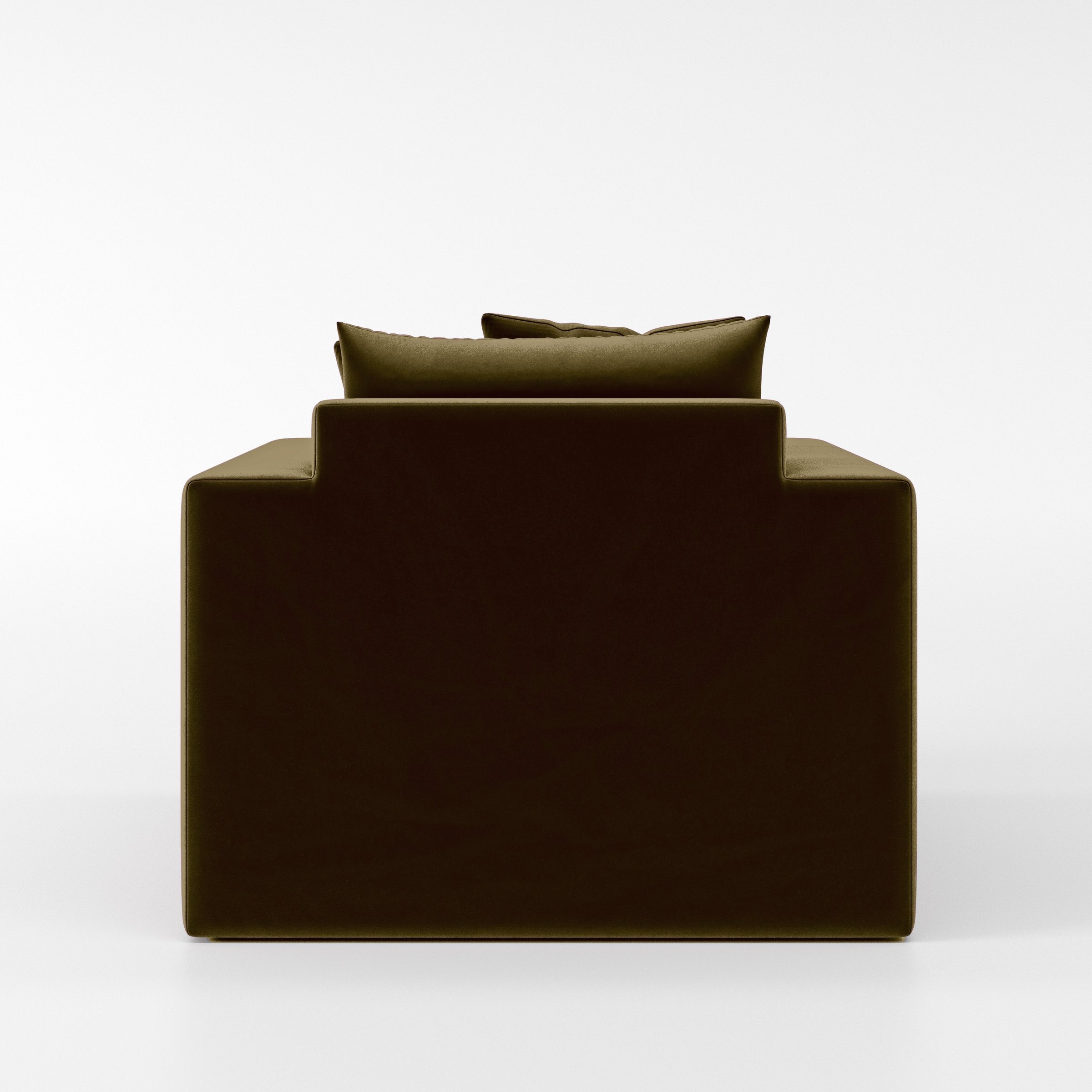 Rear view of the Coniston armchair upholstered in Plush EasyClean Velvet in Cedar.