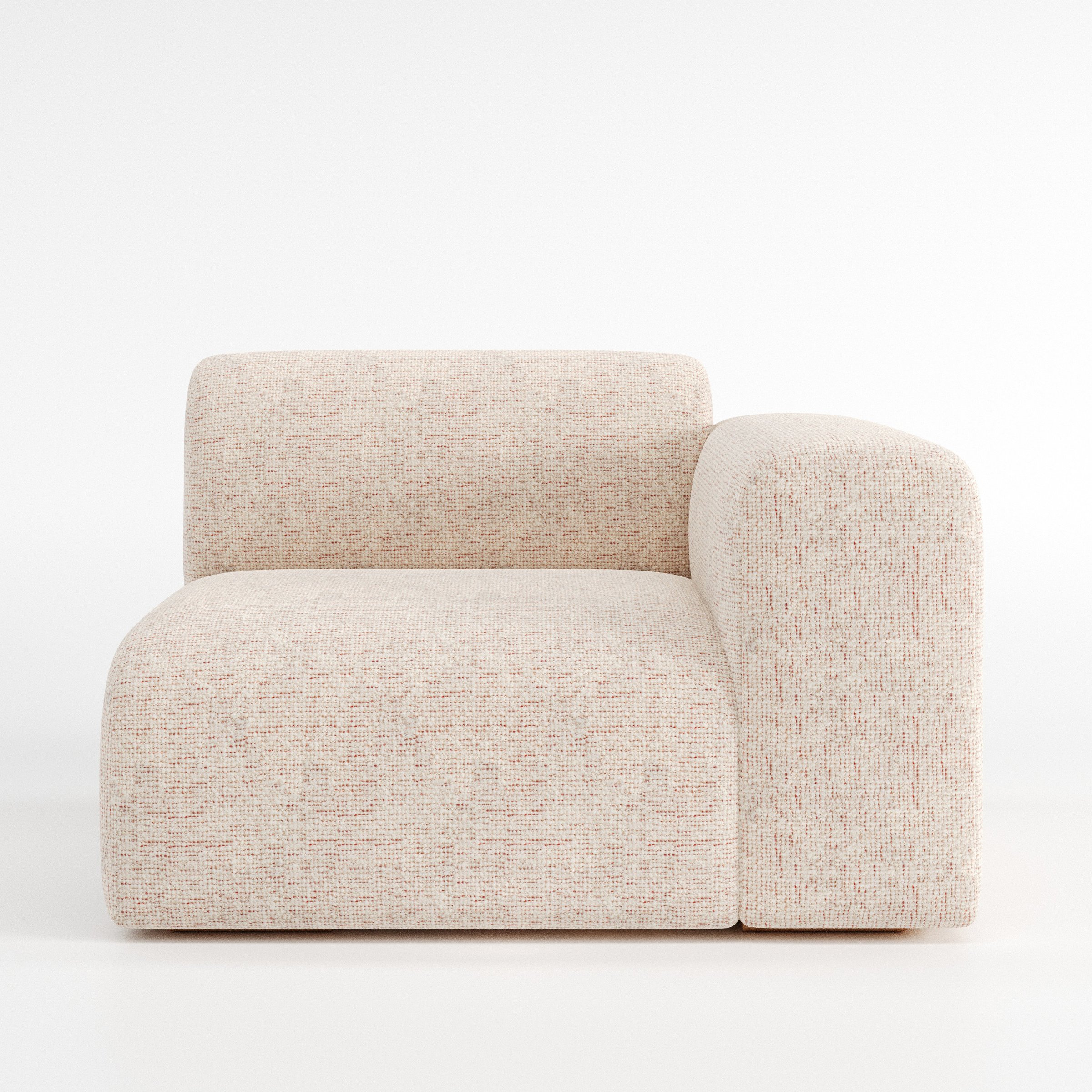 Drumquin modular sofa right side unit in Orsay Bouclé Cream and Copper shown from the front with a low, deep seat and a rounded right armrest.