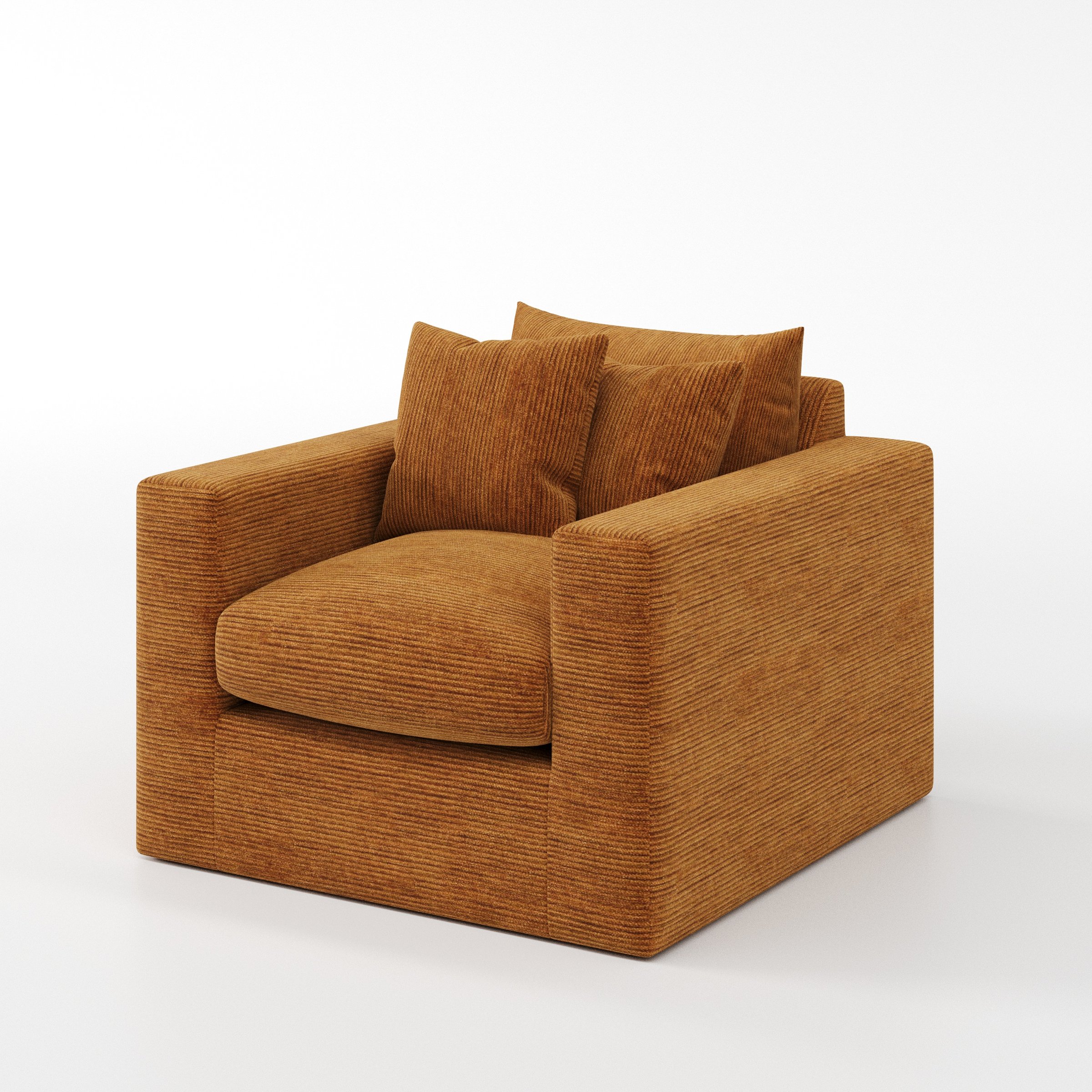 Coniston armchair in Caldey Velvet Corduroy Tobacco shown at a diagonal angle highlighting arms and seat depth.