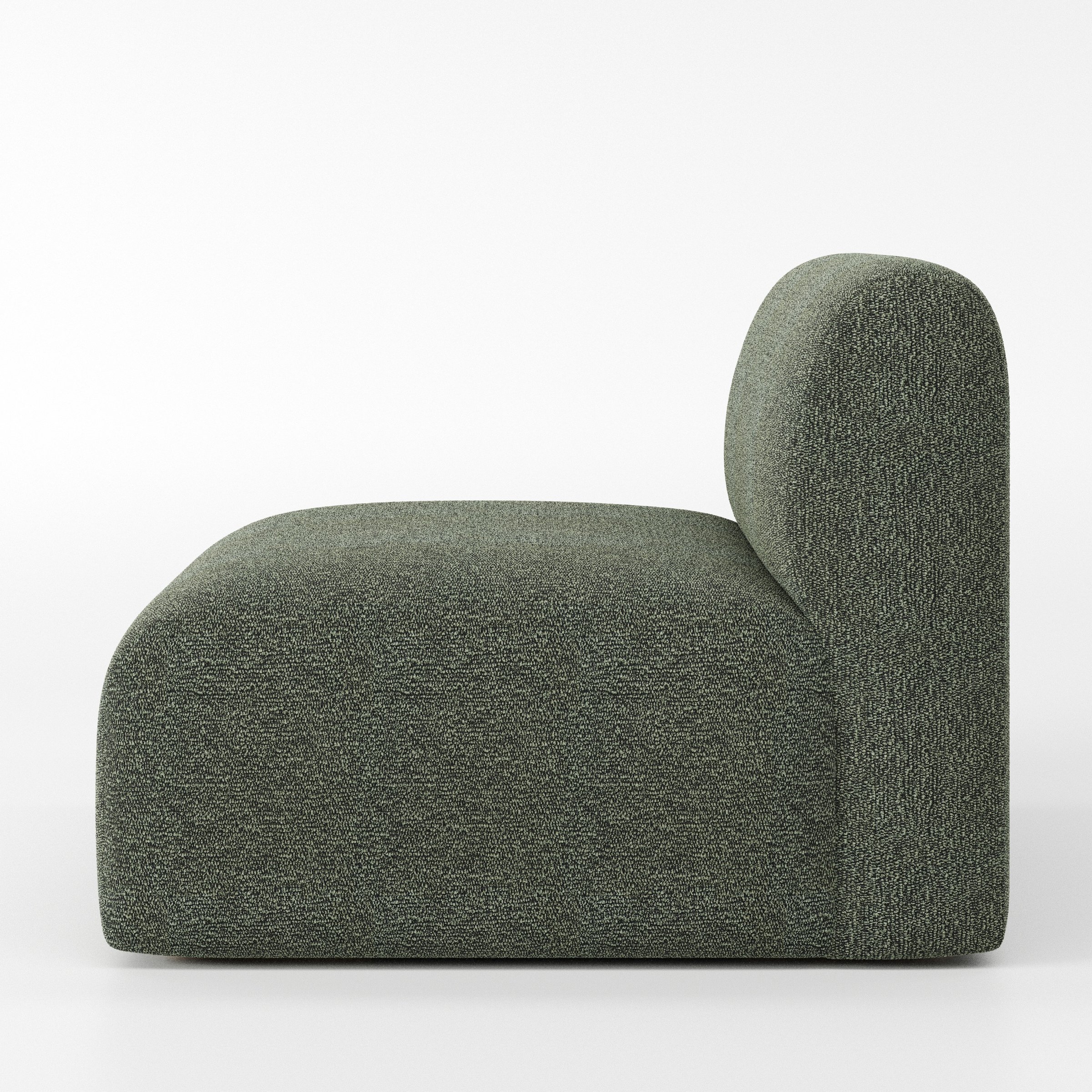 Drumquin modular sofa single unit in Kilda Bouclé Moss shown from the side showing the rounded backrest and deep seat profile.