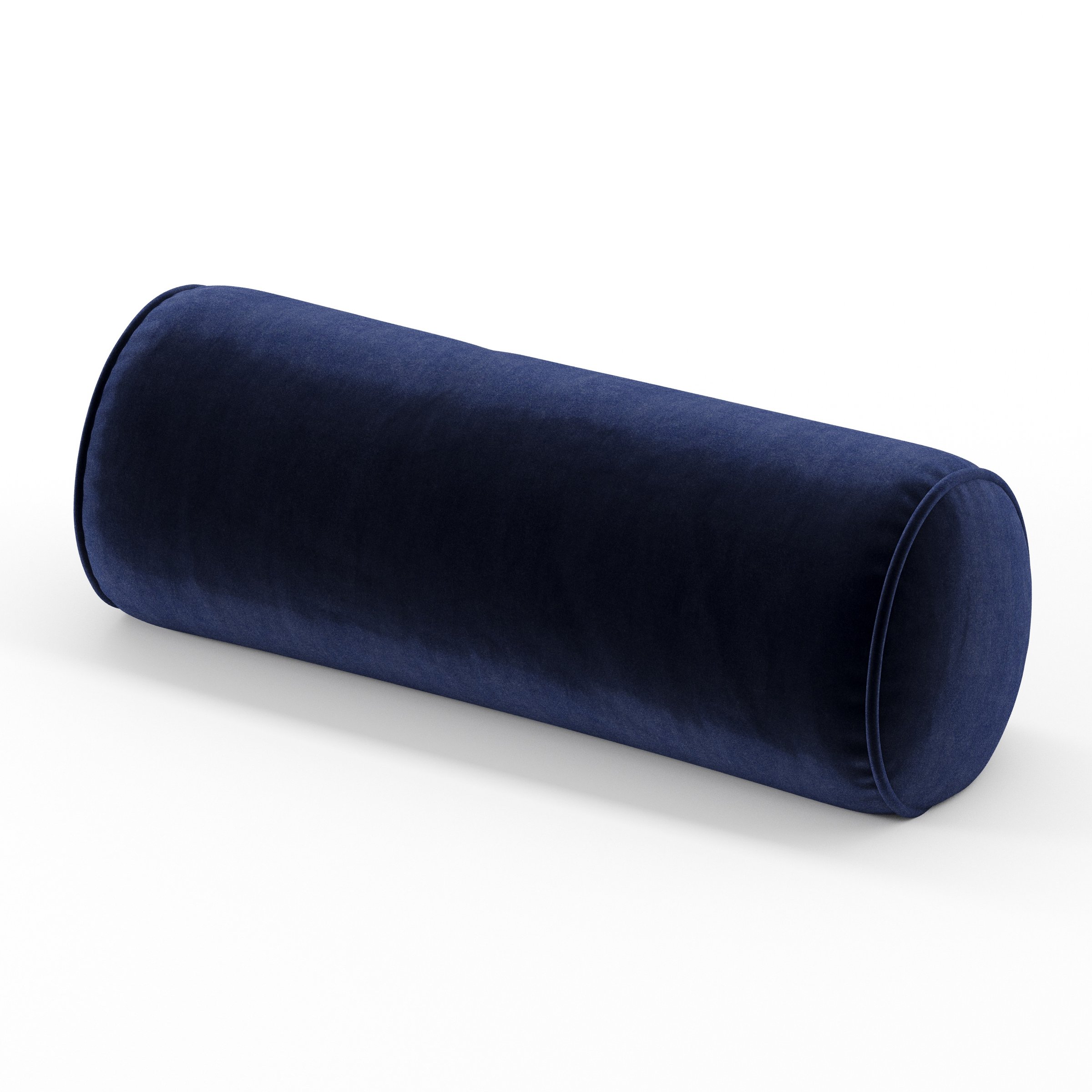 Ledger cushion in Noss Velvet Navy, cylindrical bolster cushion in rich navy velvet, size 20cm x 56cm