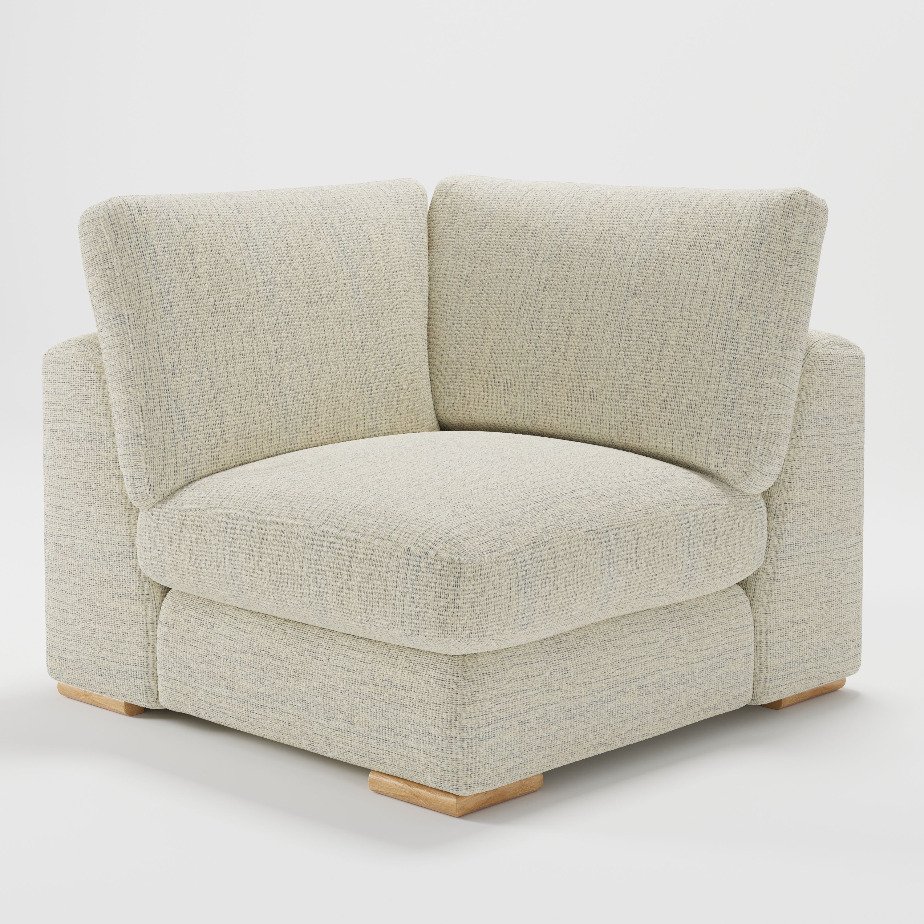 Olton corner unit in Orsay bouclé cream and marine fabric, diagonal view highlighting curved form and tonal contrast