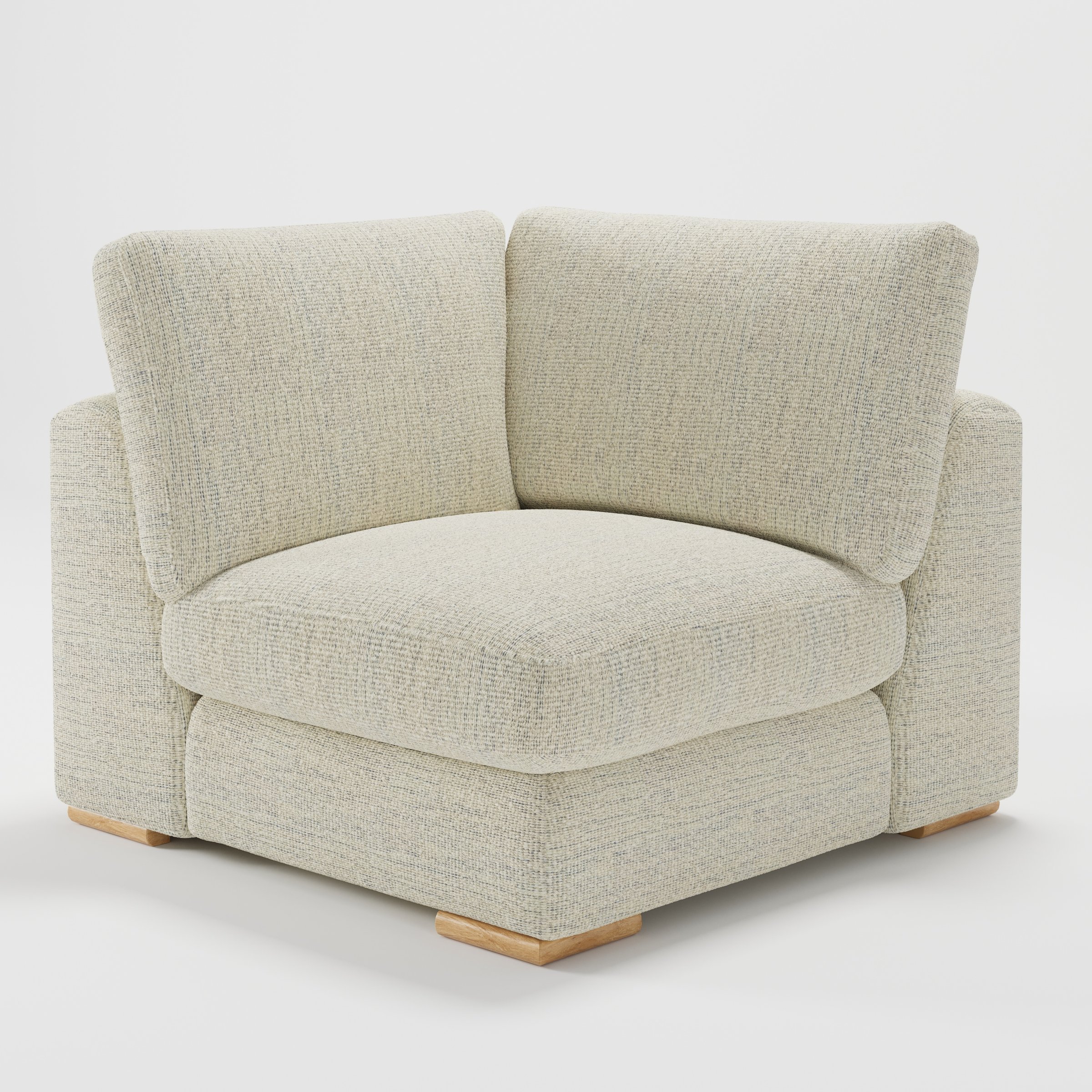 Olton corner unit in Orsay bouclé cream and marine fabric, diagonal view highlighting curved form and tonal contrast