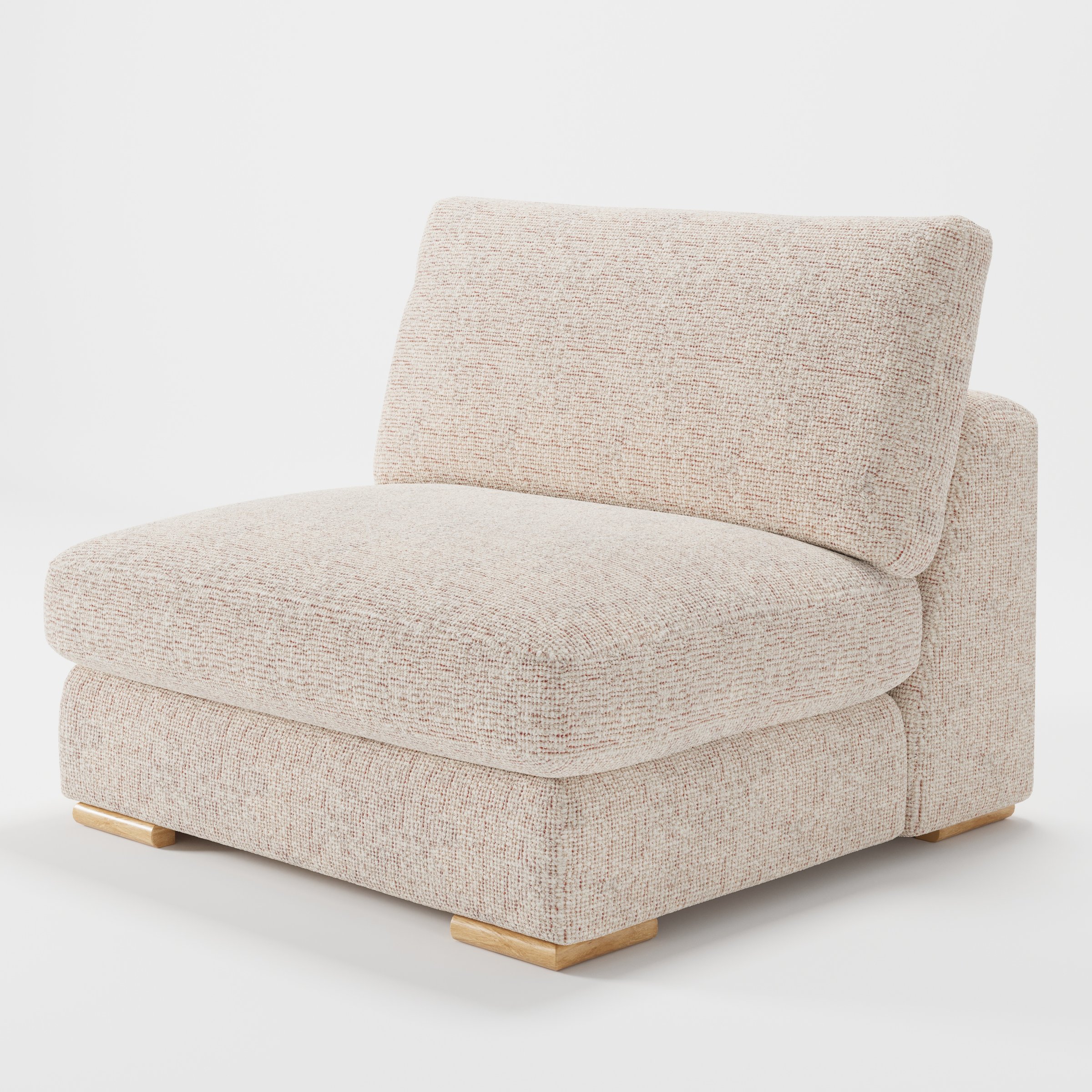 Olton single sofa unit in Orsay Bouclé Cream and Copper shown from a diagonal angle highlighting the deep seat, soft cushions and timber feet.