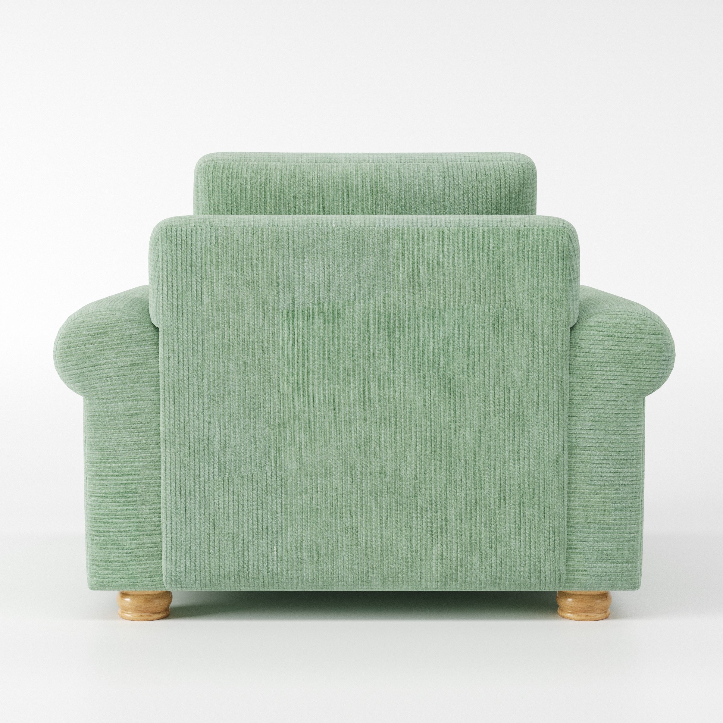 Anna Lee armchair in Caldey Velvet Corduroy Eucalyptus shown from the rear highlighting backrest shape and upholstery finish.