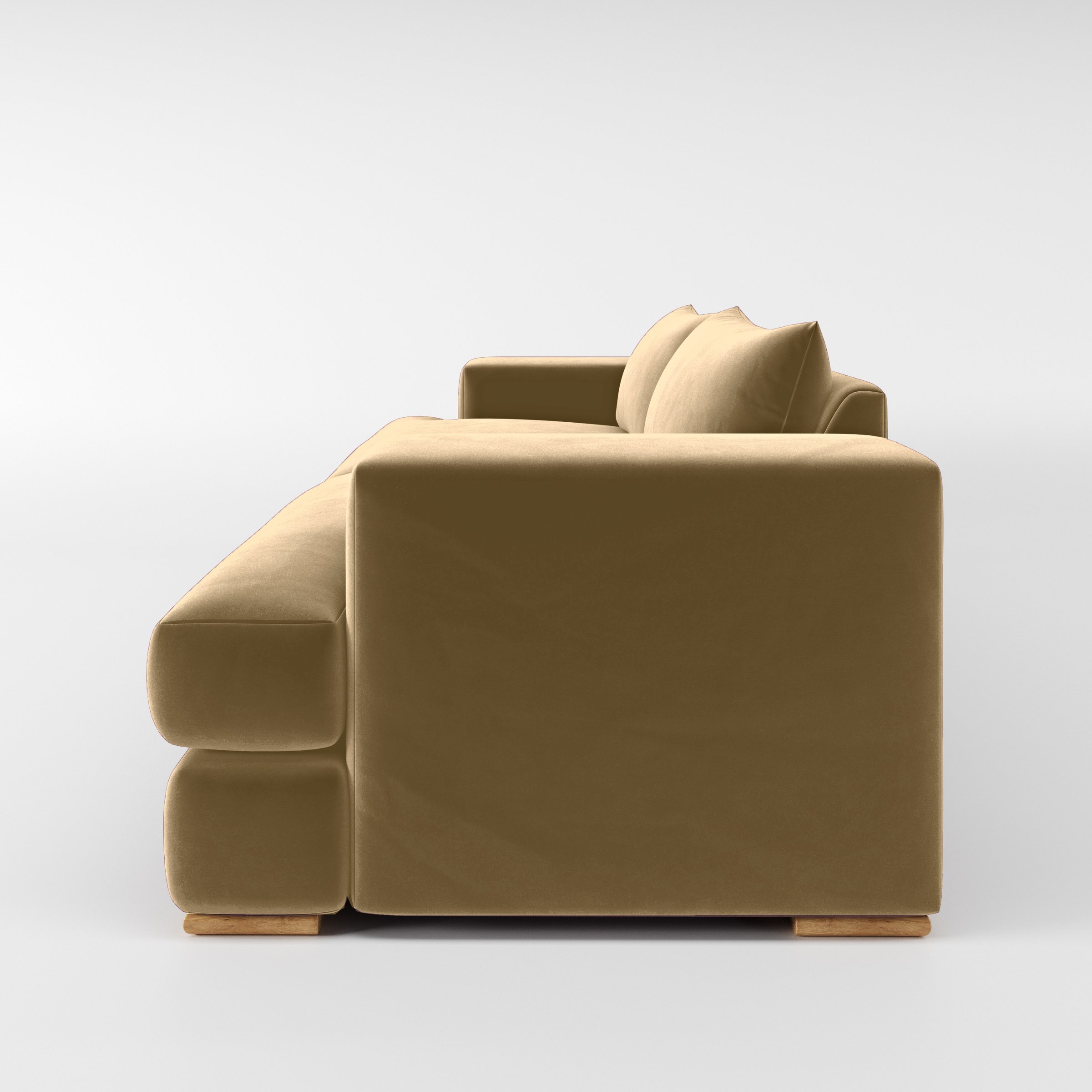 Side view of the Fane sofa upholstered in Plush EasyClean Velvet in Cafe.