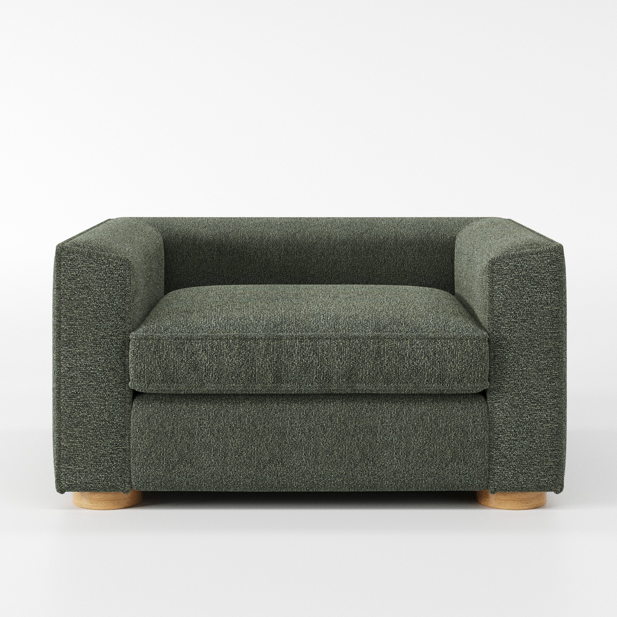 Feale armchair in Kilda Boucle Moss shown front-on against a neutral studio backdrop.