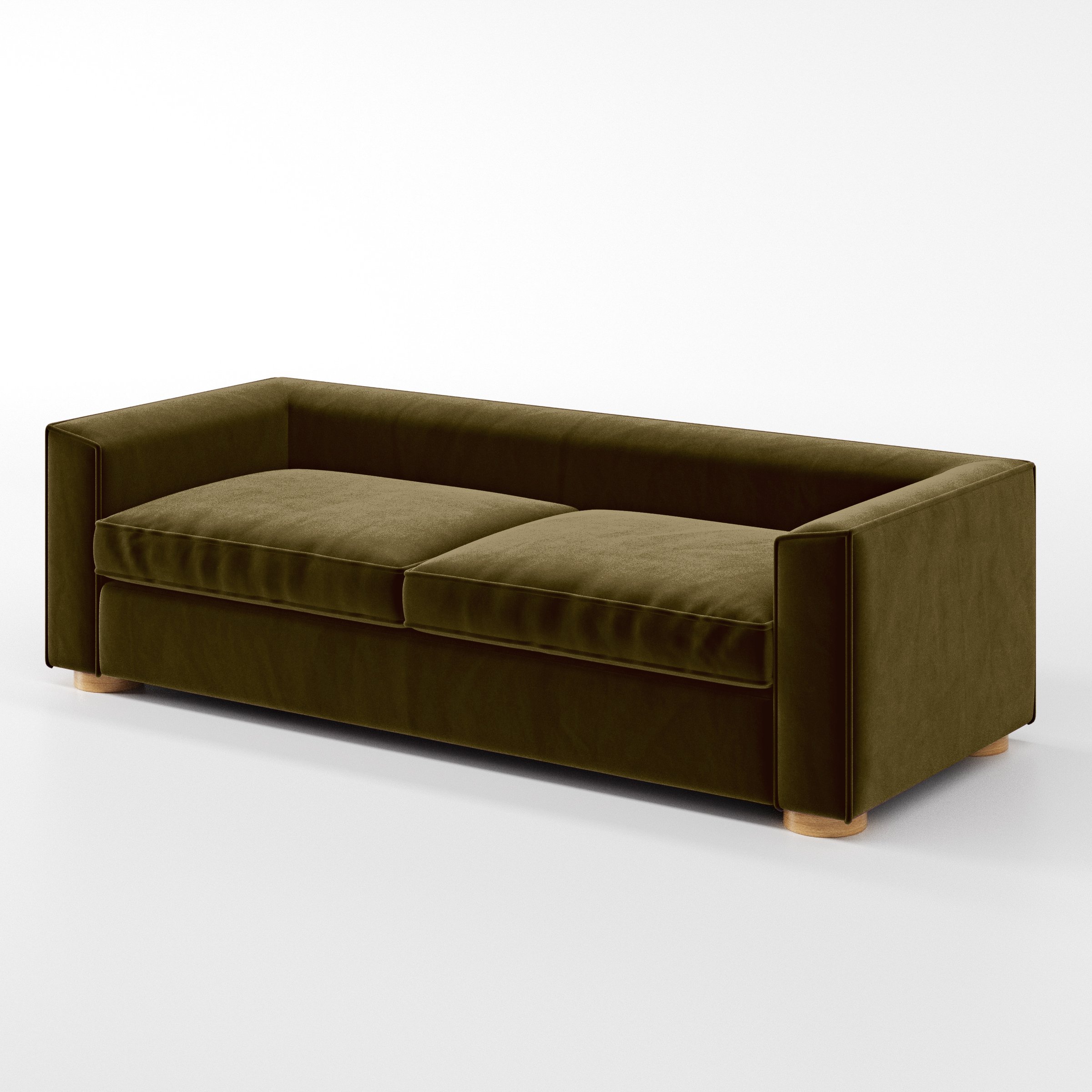 Diagonal view of the Feale sofa upholstered in Plush EasyClean Velvet in Cedar.