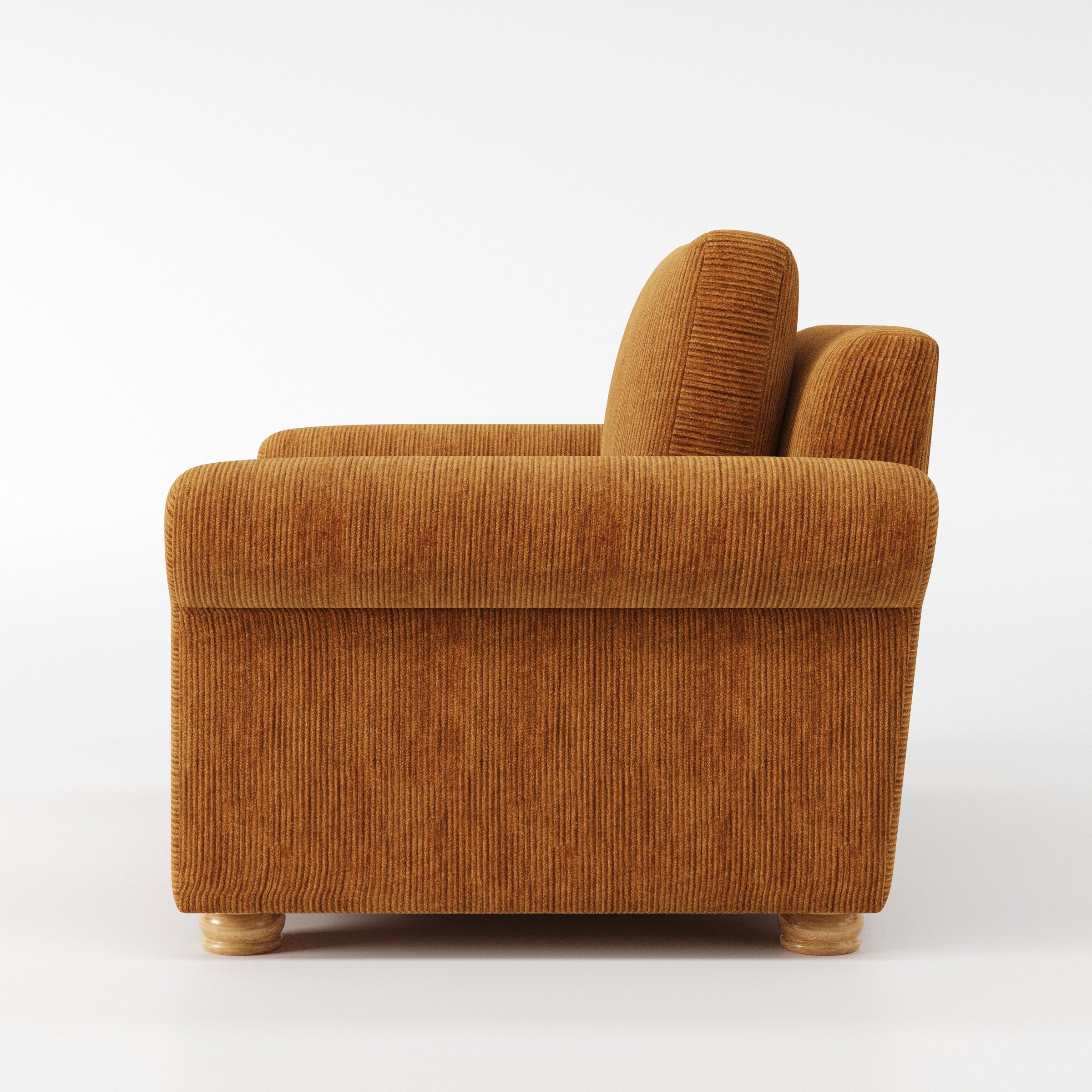Anna Lee armchair in Caldey Velvet Corduroy Tobacco shown in side profile displaying proportions and overall silhouette.
