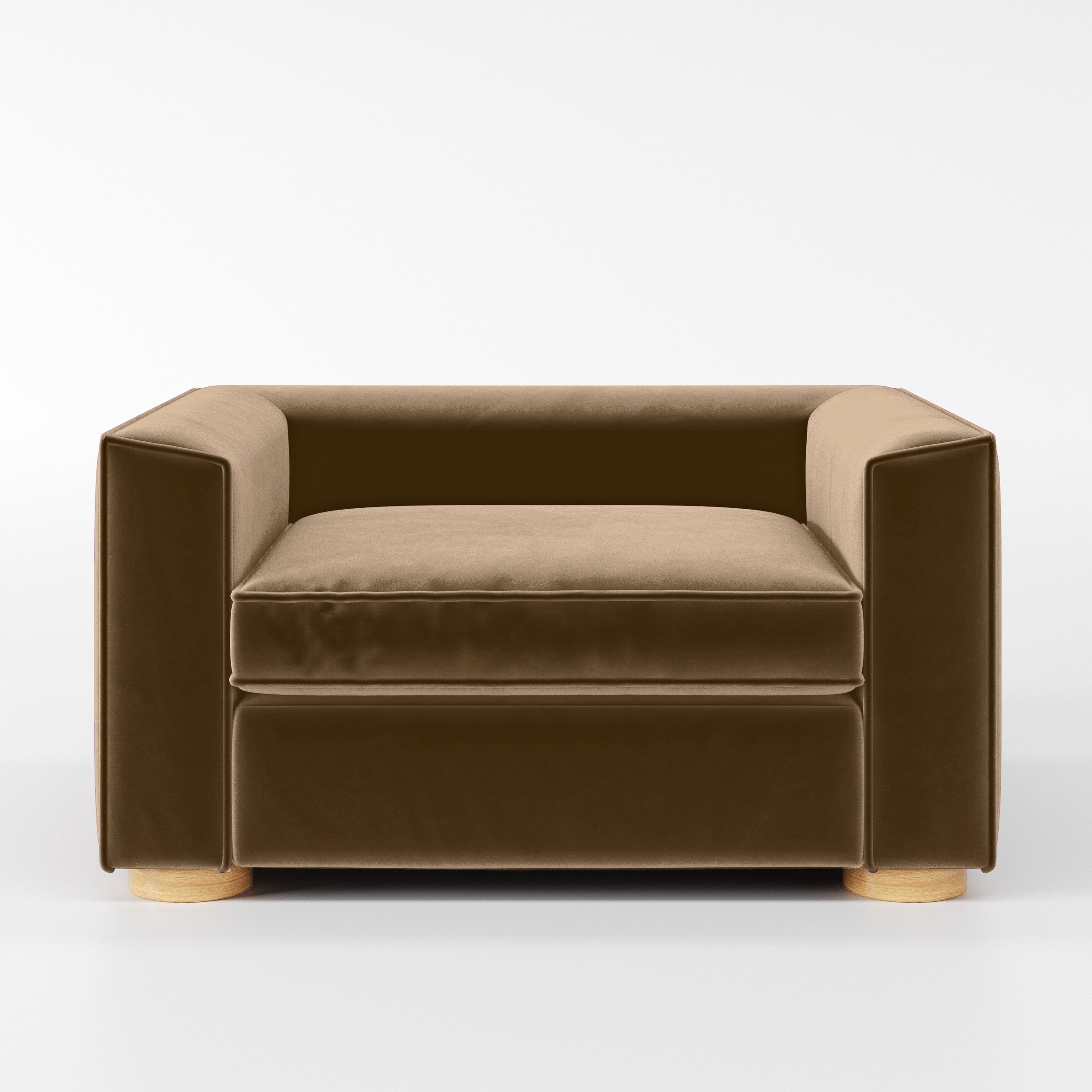 Front view of the Feale armchair upholstered in Plush EasyClean Velvet in Caribou.