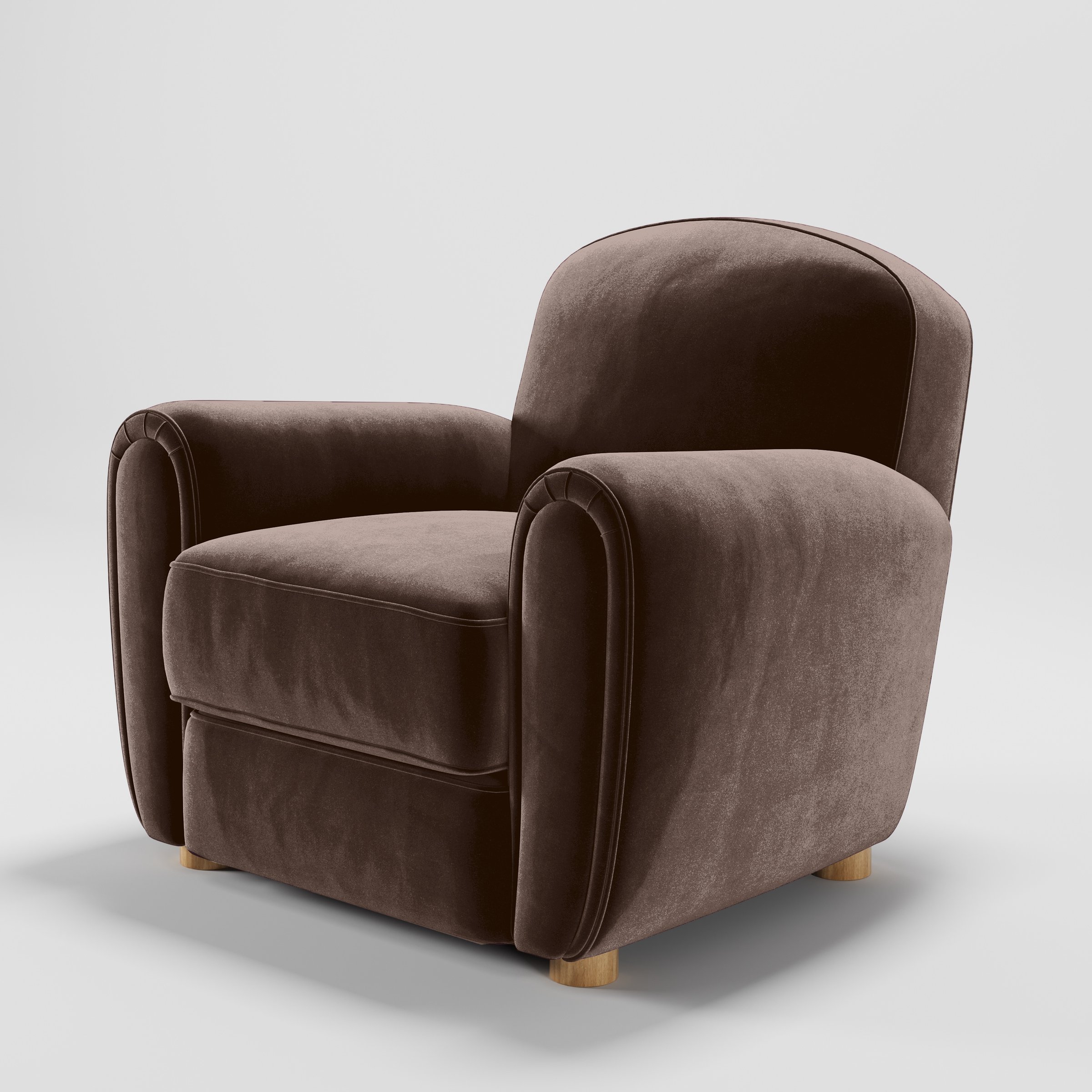 Diagonal view of the Fergus armchair upholstered in Plush EasyClean Velvet in Mole.