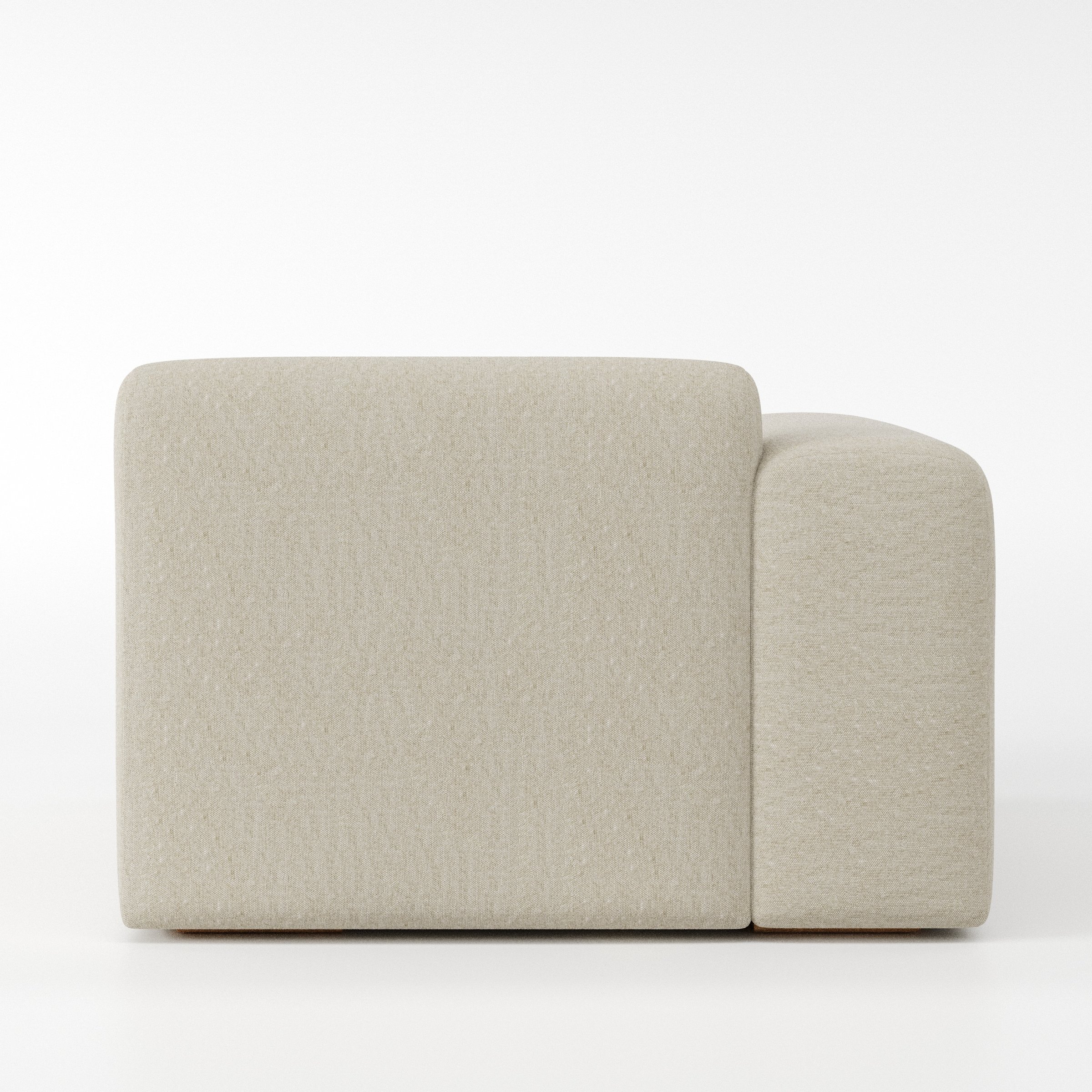 Drumquin modular sofa left side unit in Alderney Linen Oatmeal shown from the back with a smooth, softly curved silhouette and armrest edge visible.