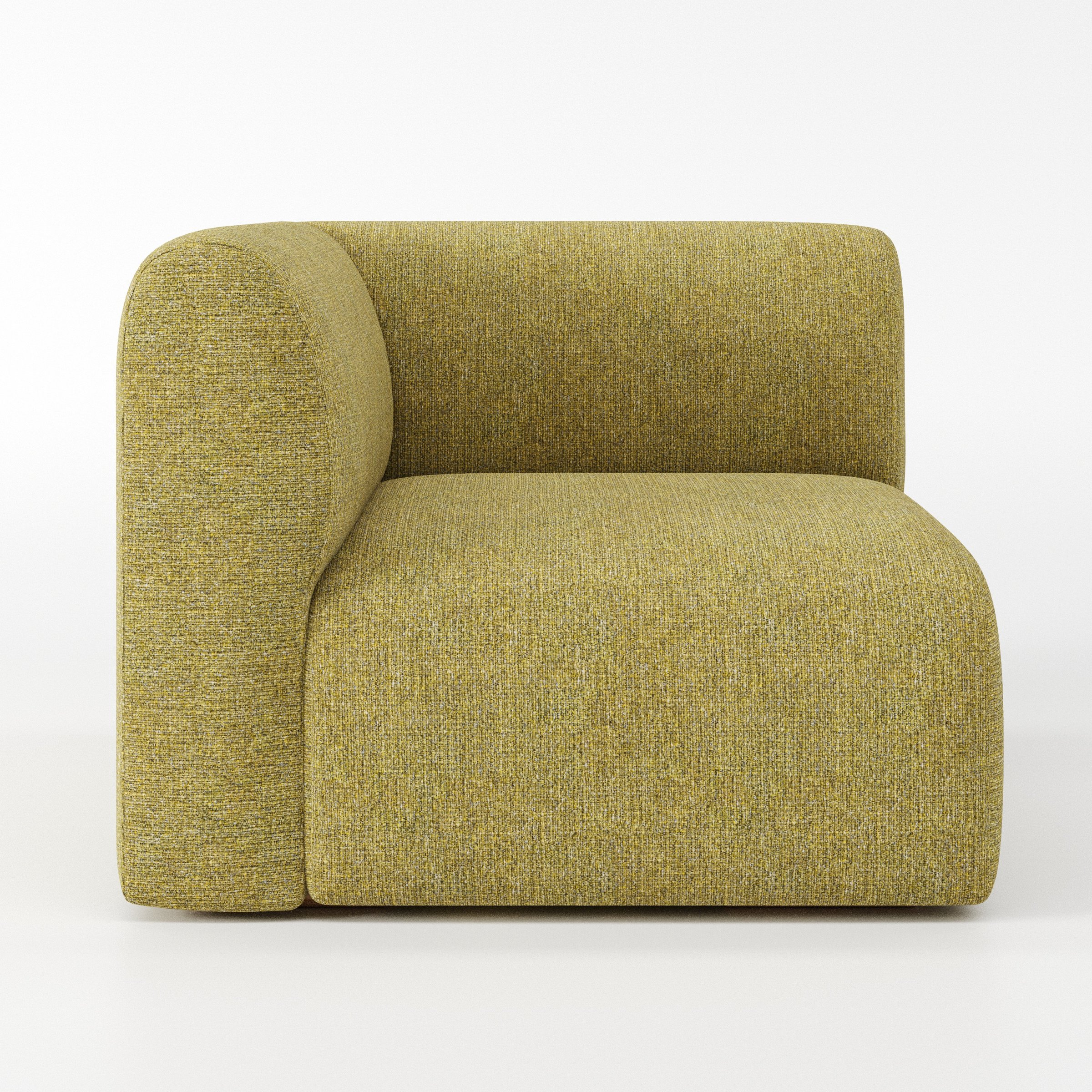 Drumquin modular sofa corner unit in Heyling Tweed Sencha shown from the left highlighting the wraparound back and soft, sculpted form.