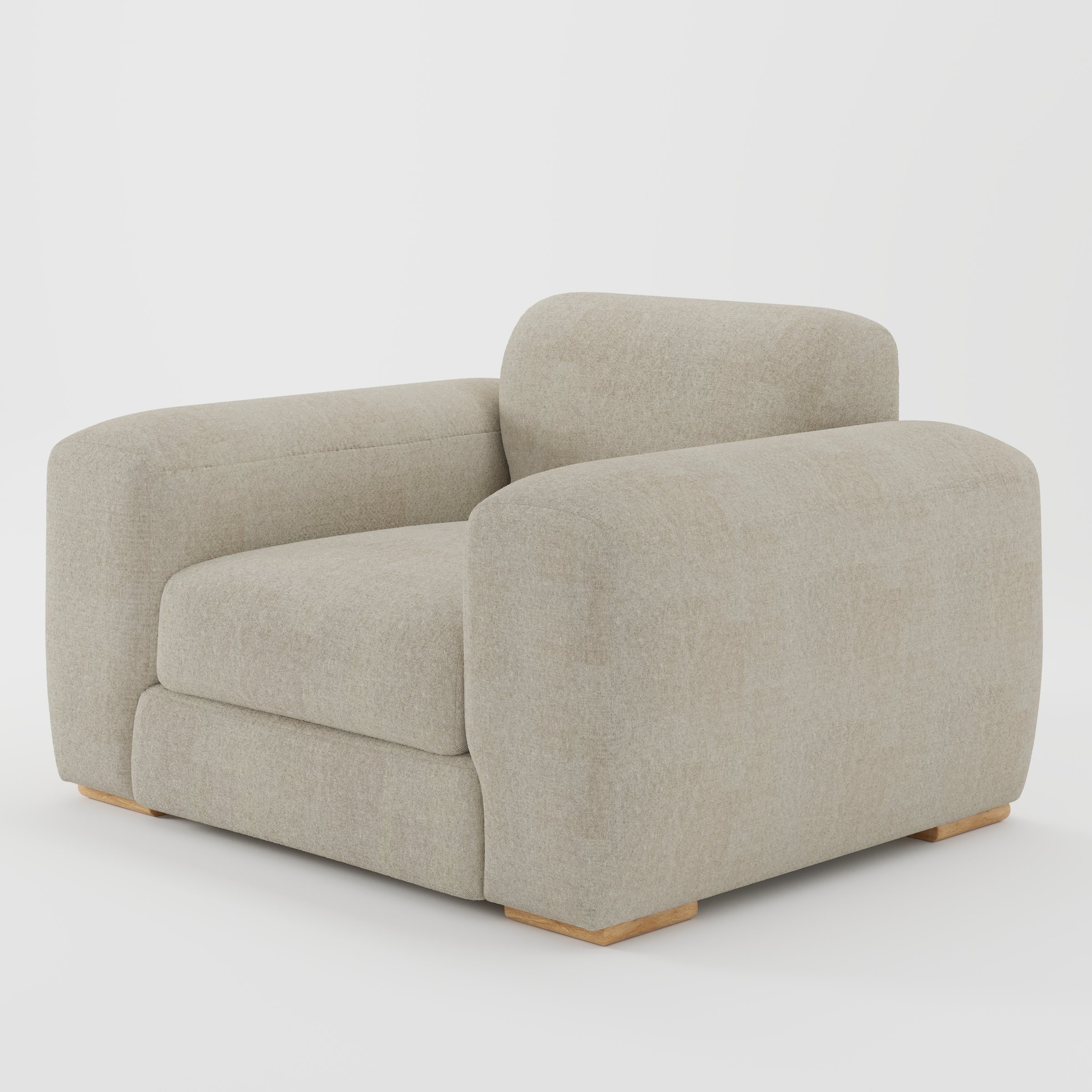 Darwell armchair in Alderney Linen Oatmeal shown at a diagonal angle highlighting arms and seat depth.