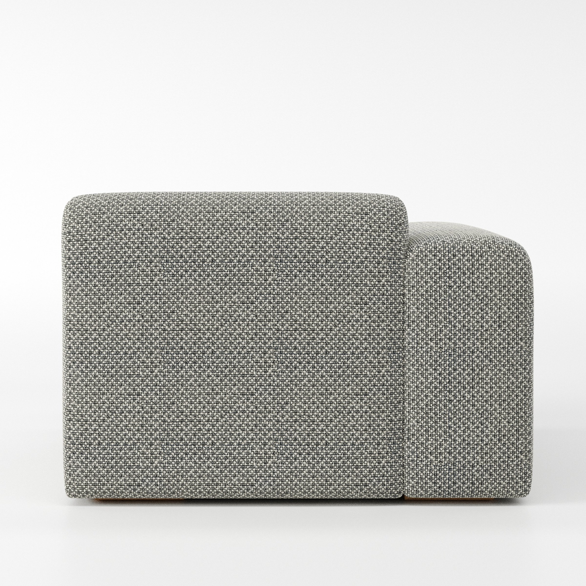 Drumquin modular sofa left side unit in Rousay Wool Blend Tar and Chalk shown from the back with a smooth, softly curved silhouette and armrest edge visible.