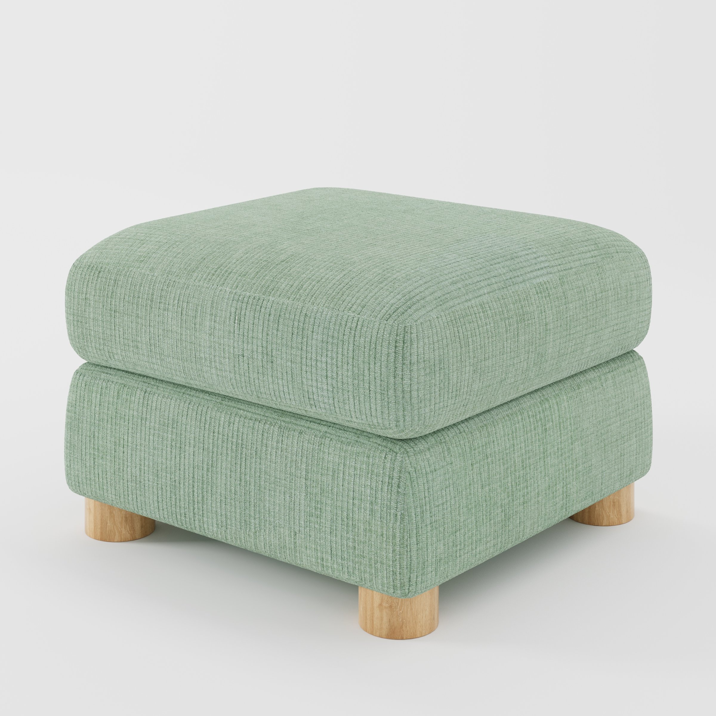 Windermere footstool in Caldey Velvet Corduroy Eucalyptus shown at a diagonal angle highlighting soft corners and rounded wooden feet.