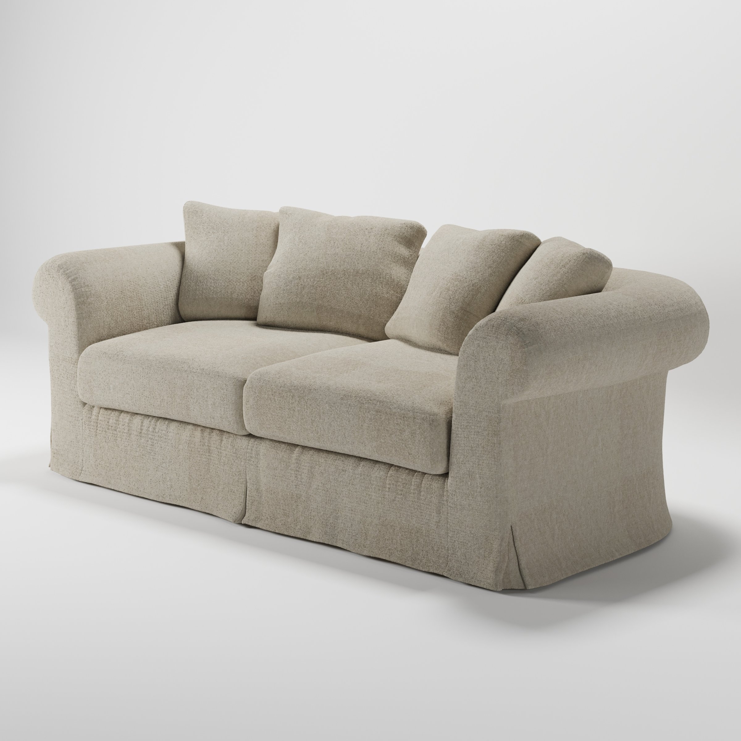 Windermere sofa in Alderney Linen Oatmeal shown at a diagonal angle highlighting arm profile and seat depth.