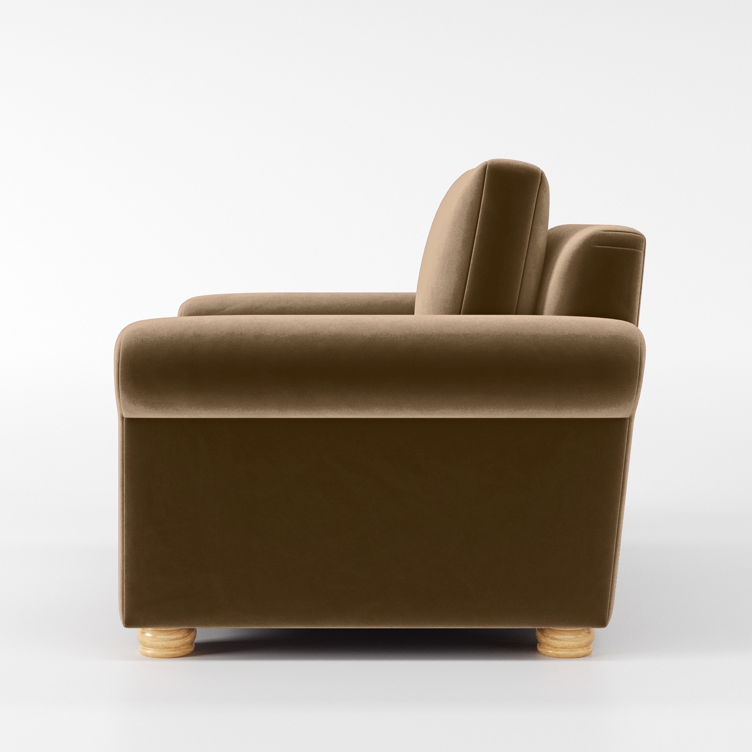 Side view of the Anna Lee armchair upholstered in Plush EasyClean Velvet in Caribou.