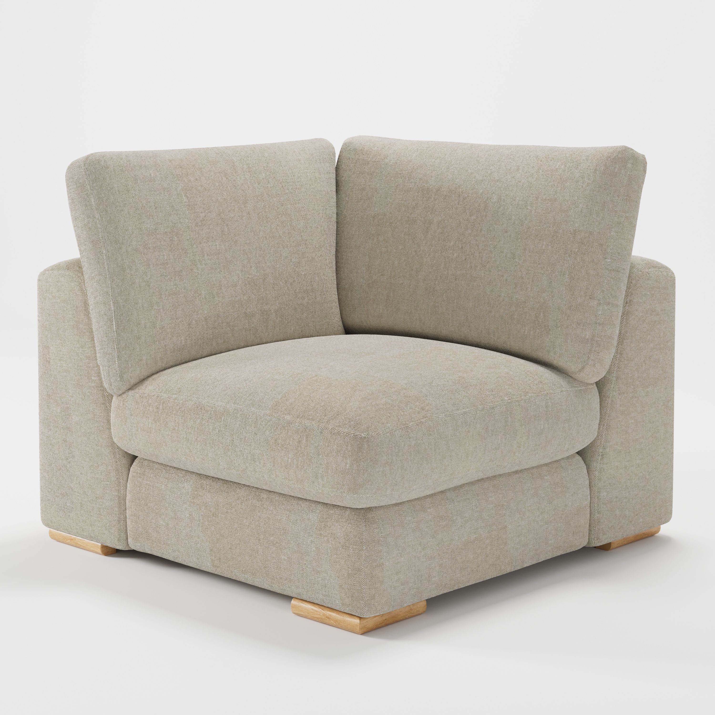 Olton corner unit in Alderney linen oatmeal fabric, diagonal view showing relaxed structure and natural woven texture