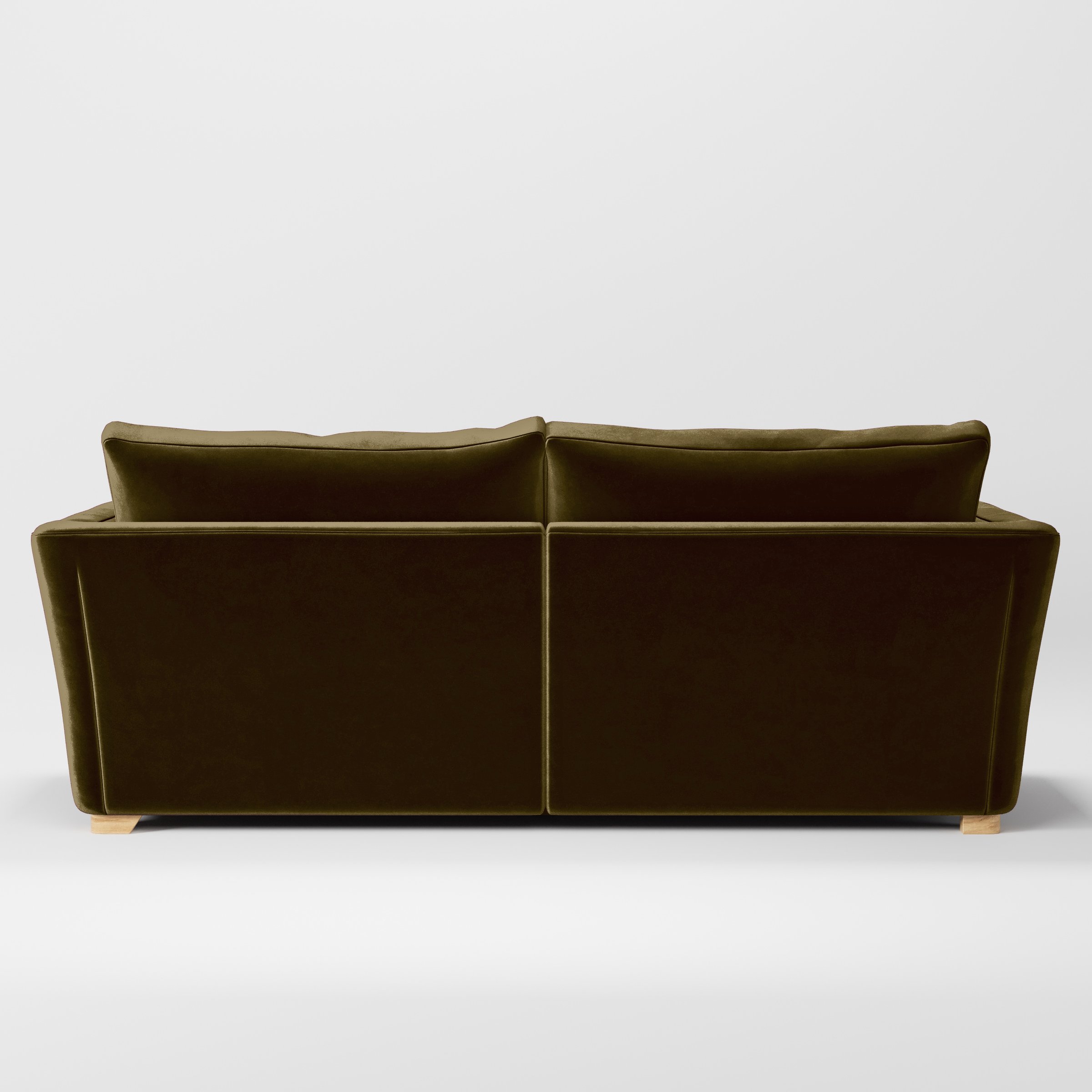 Rear view of the Stowe sofa upholstered in Plush EasyClean Velvet in Cedar.