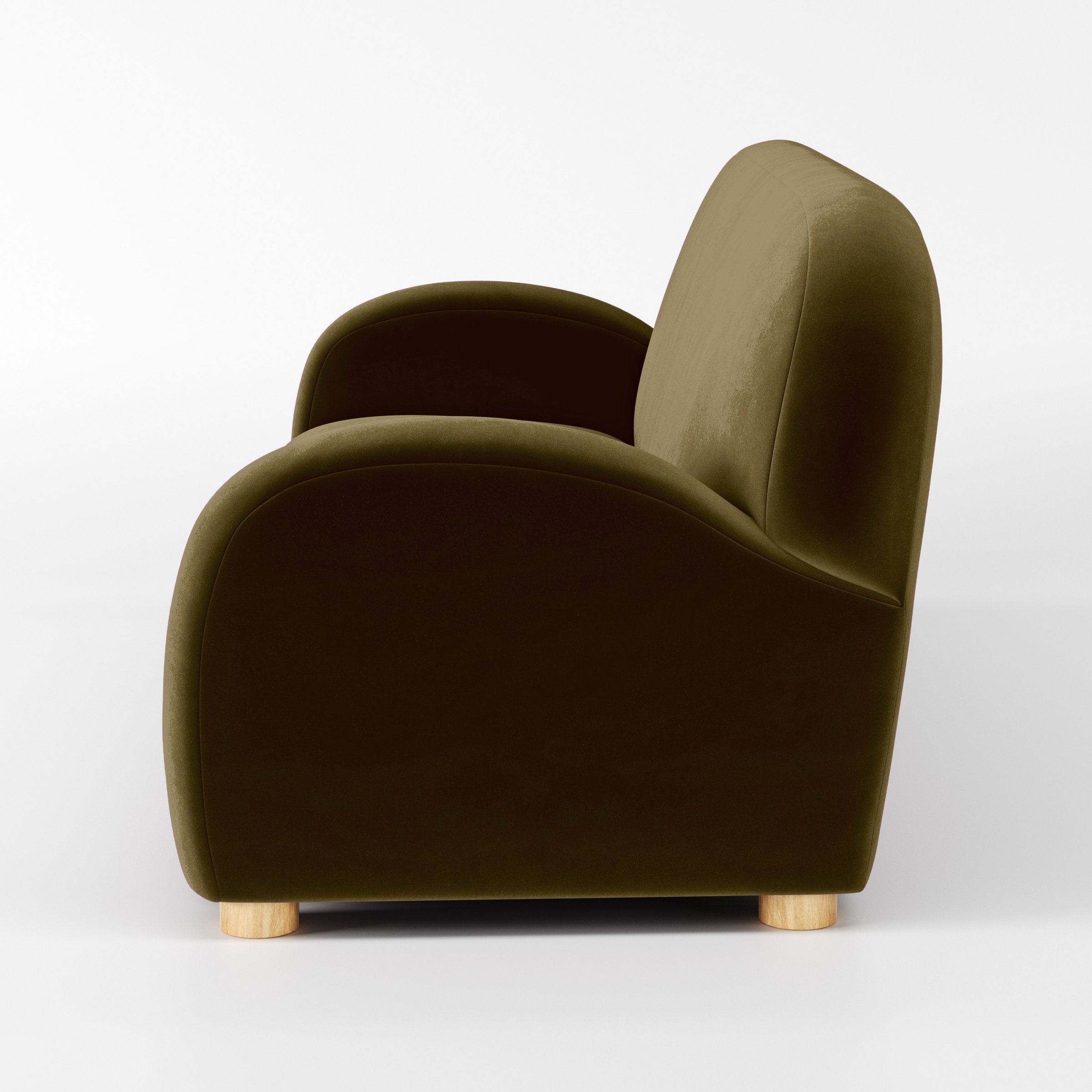 Side view of the Awe sofa upholstered in Plush EasyClean Velvet in Cedar.