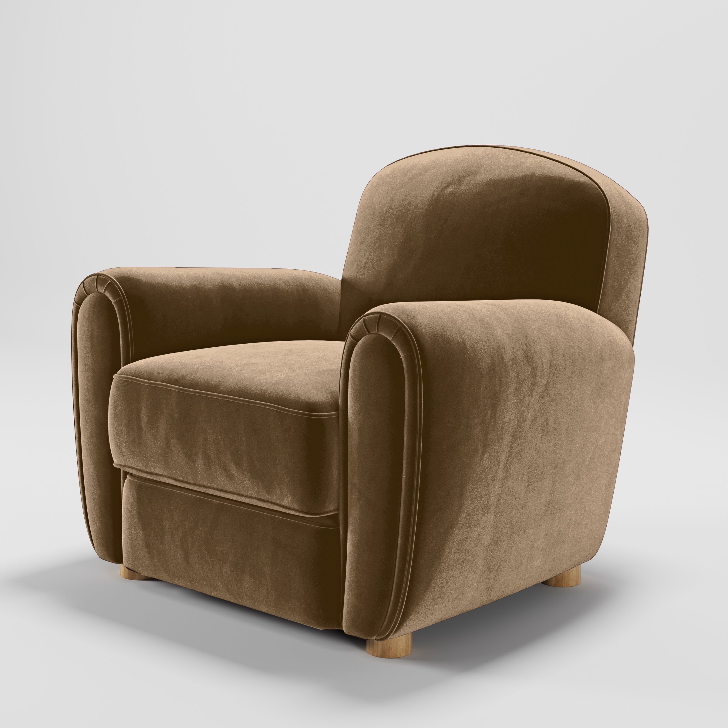 Diagonal view of the Fergus armchair upholstered in Plush EasyClean Velvet in Caribou.