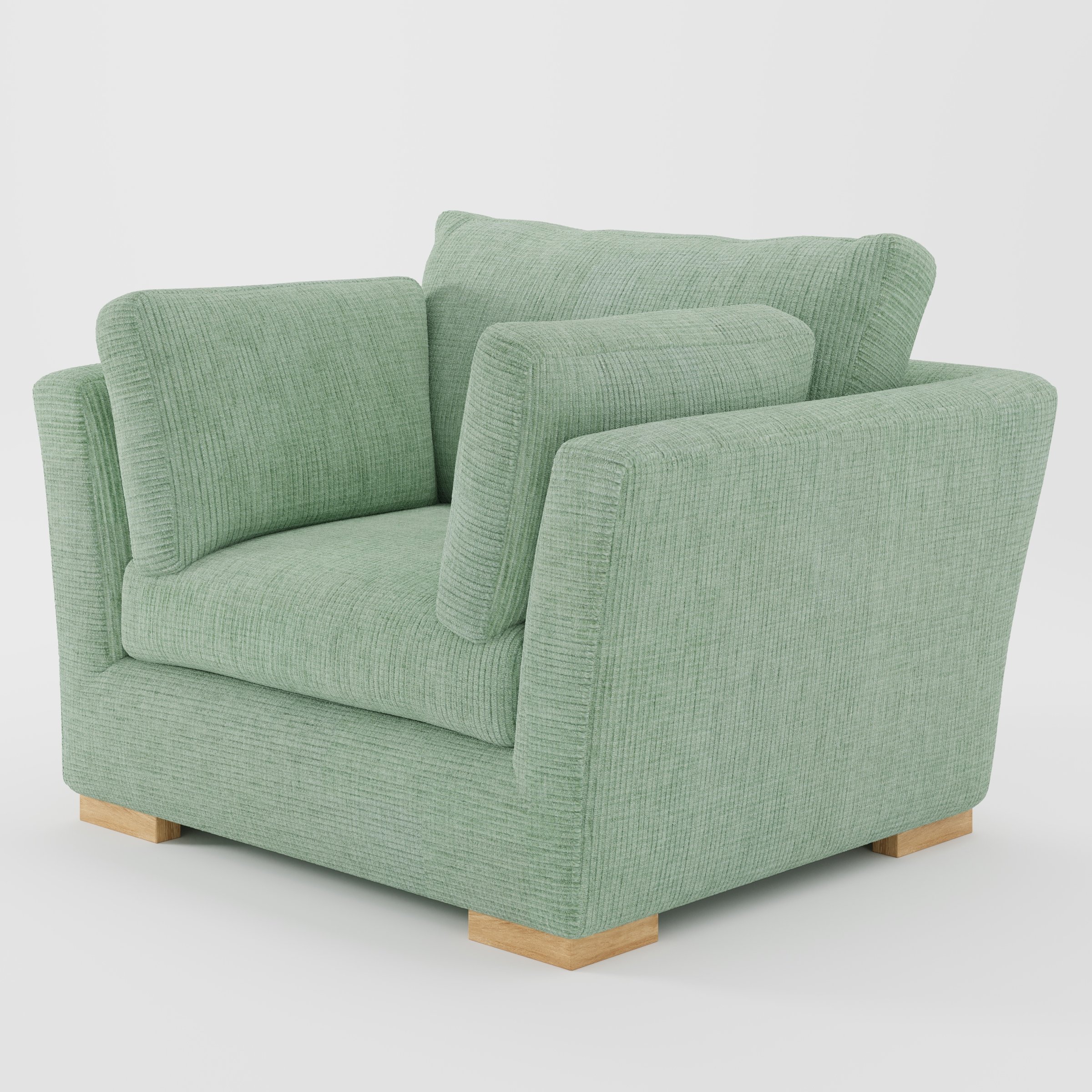Stowe armchair in Caldey Velvet Corduroy Eucalyptus shown at a diagonal angle highlighting splayed arms and seat depth.