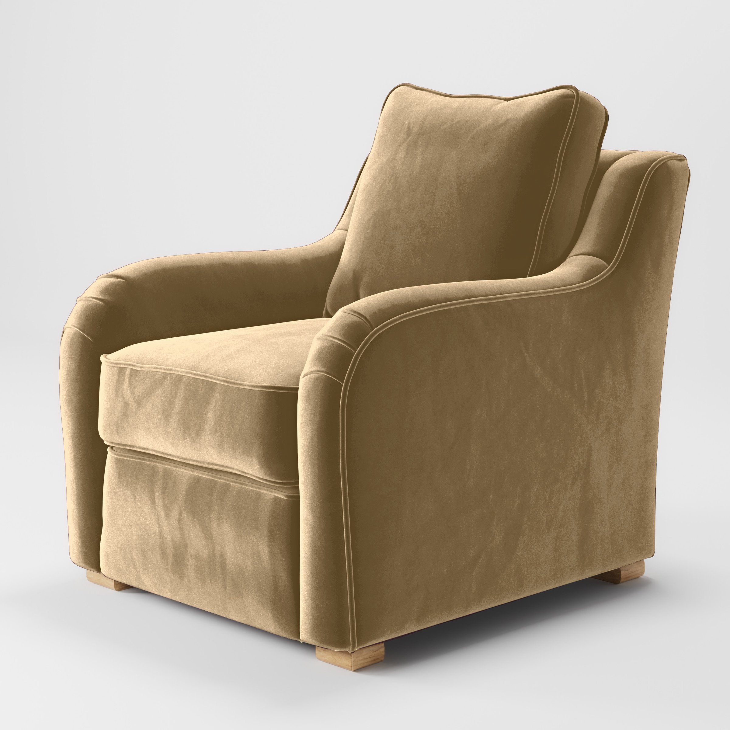 Diagonal view of the Cashel armchair upholstered in Plush EasyClean Velvet in Cafe.