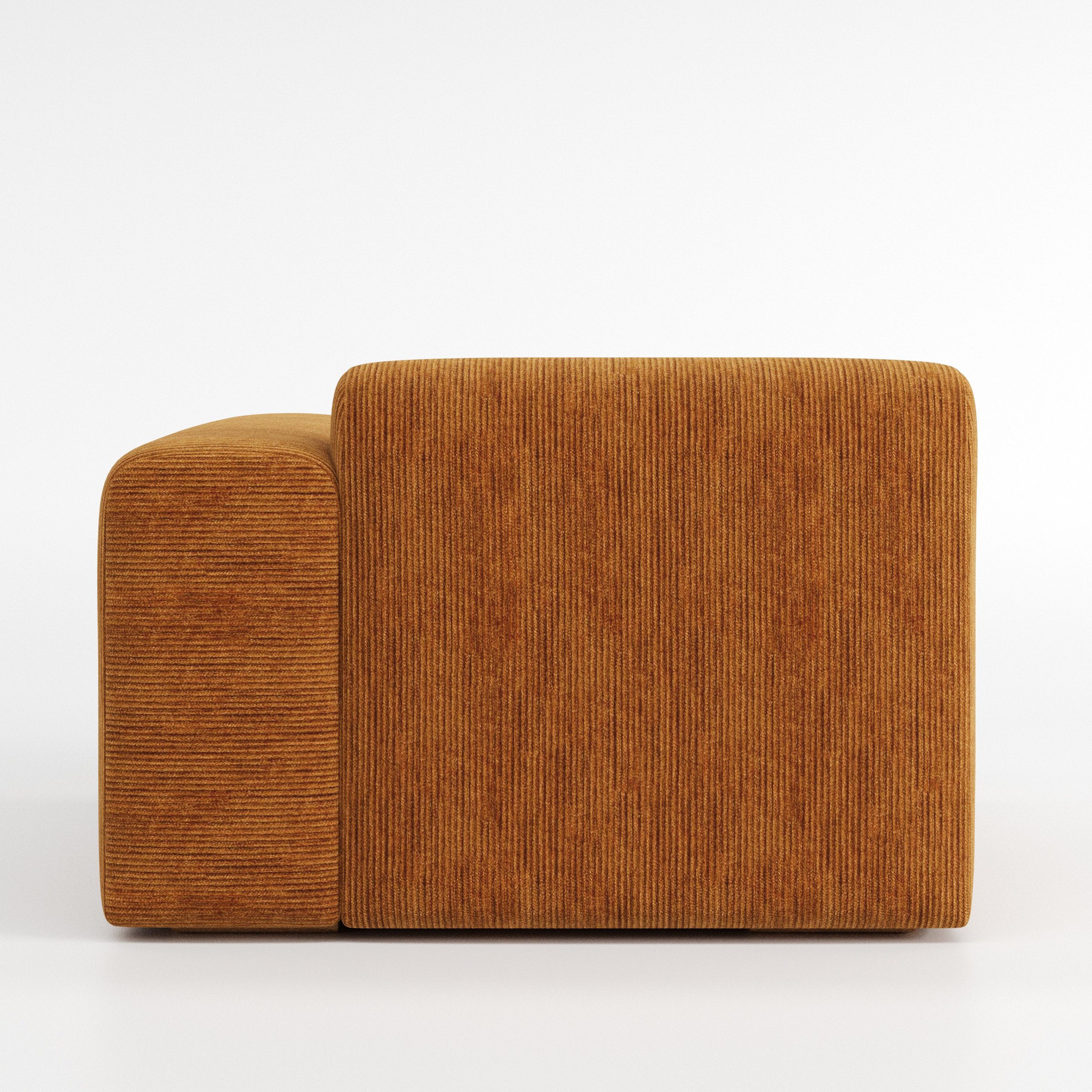 Drumquin modular sofa right side unit in Caldey Velvet Corduroy Tobacco shown from the back with a smooth, softly curved silhouette and armrest edge visible.