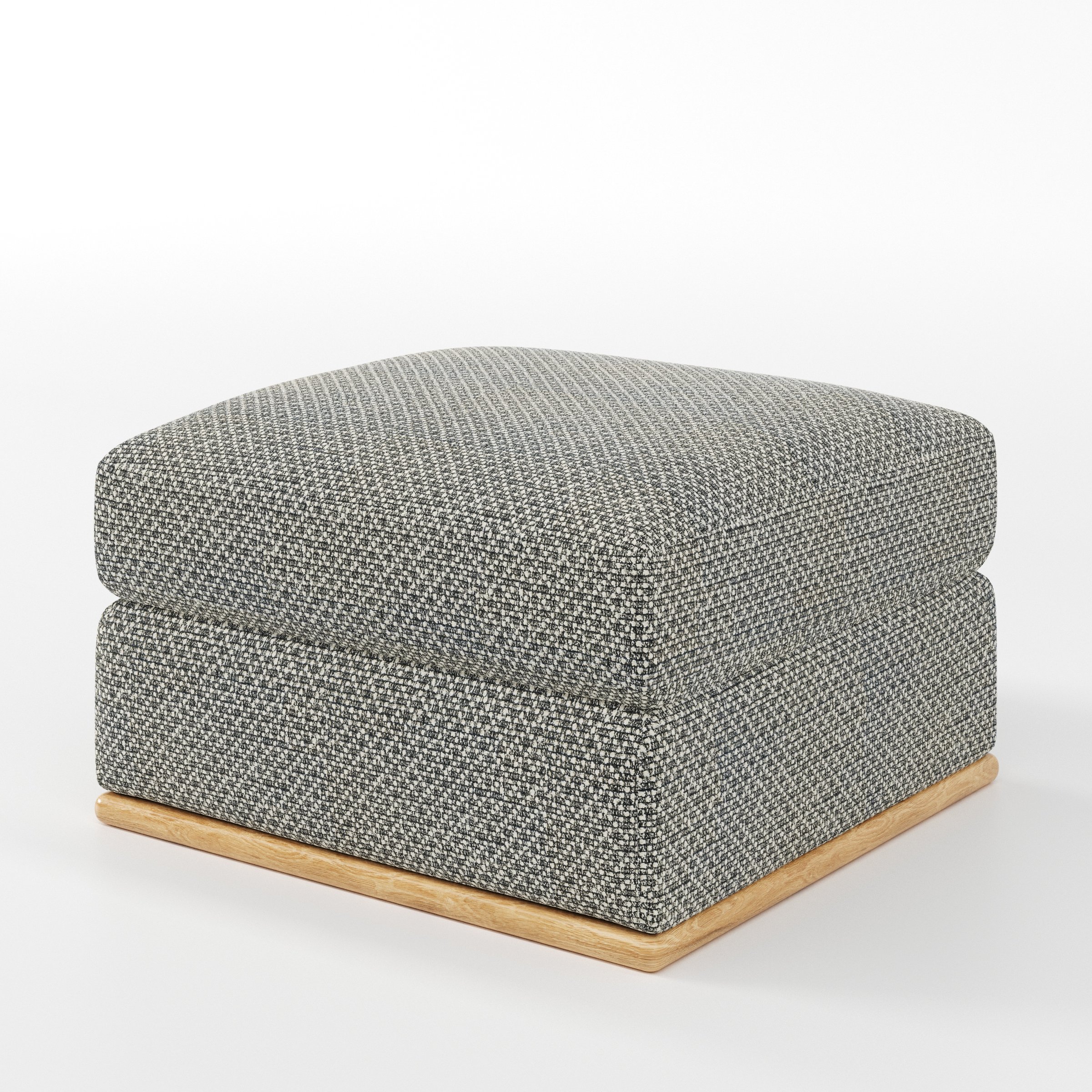Cusher footstool in Rousay Wool Blend Tar and Chalk shown at a diagonal angle highlighting structured form and wooden plinth base.