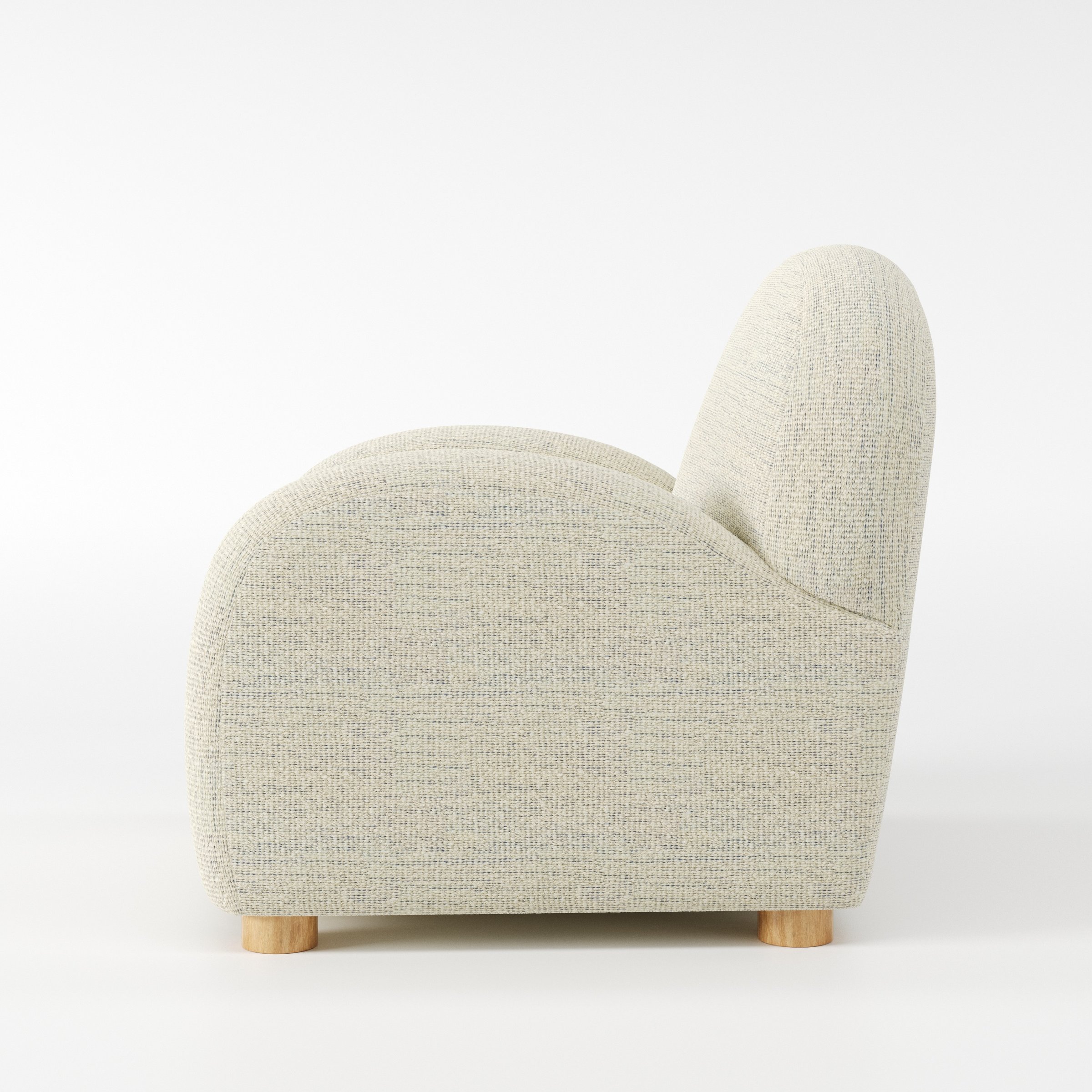 Awe armchair in Orsay Boucle Cream and Marine shown in side profile displaying proportions and overall silhouette.