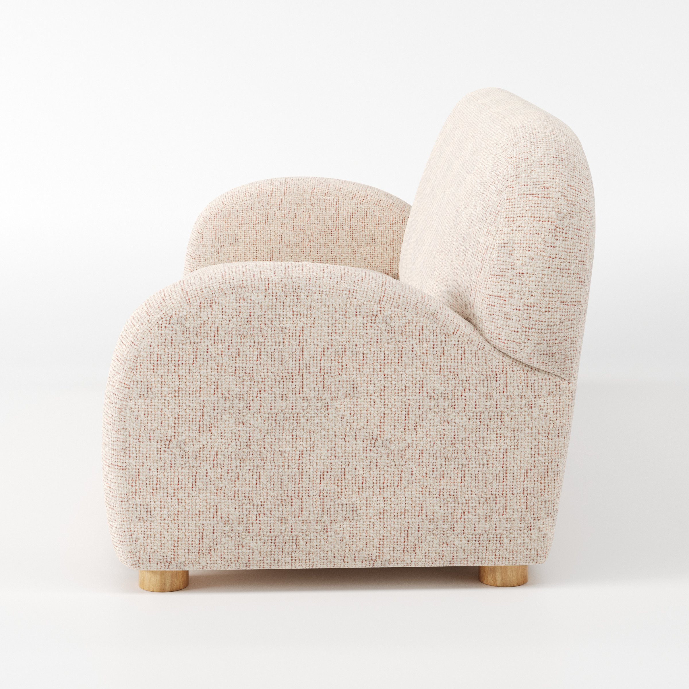 Awe sofa in Orsay Boucle Cream and Copper shown in side profile displaying proportions and overall silhouette.