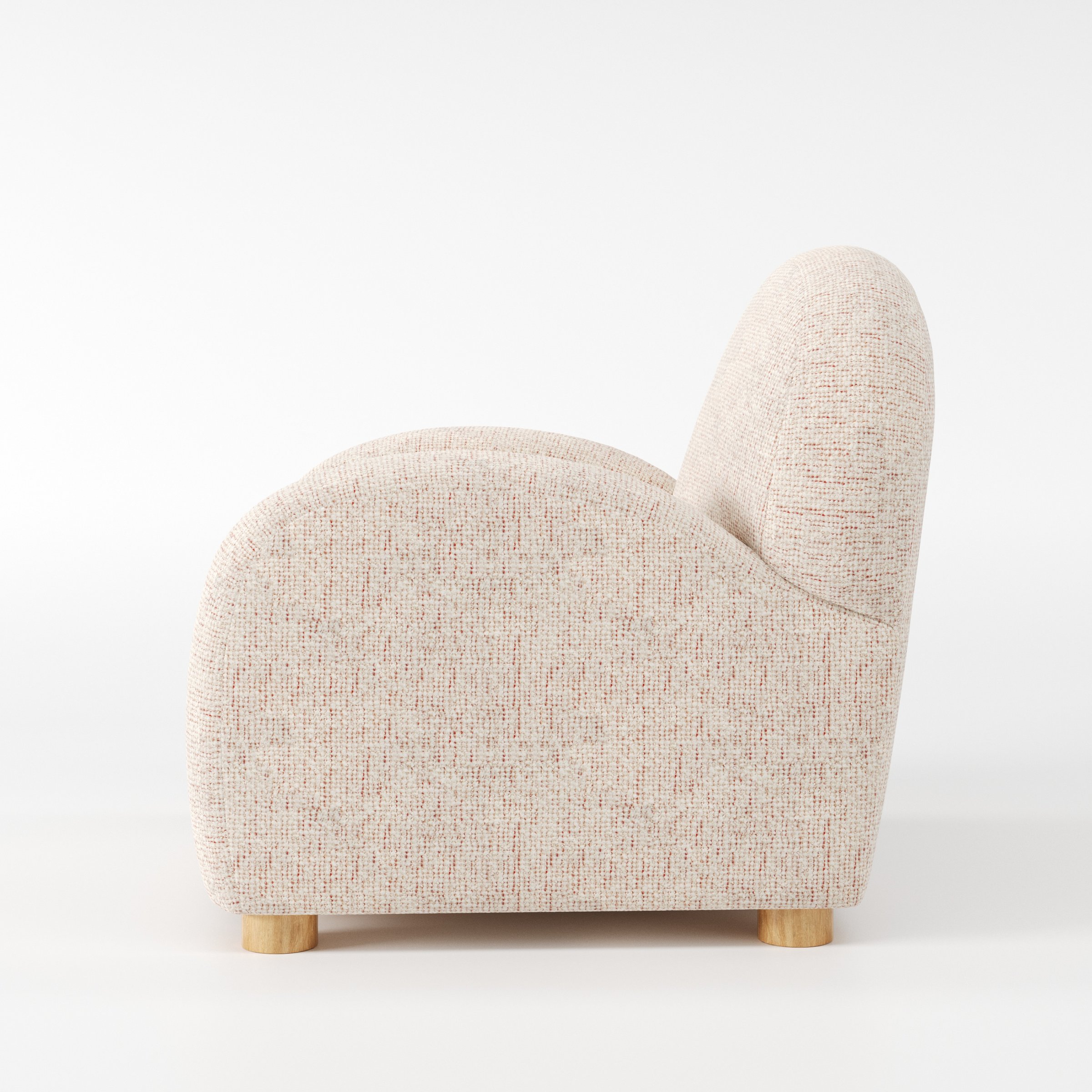 Awe armchair in Orsay Boucle Cream and Copper shown in side profile displaying proportions and overall silhouette.