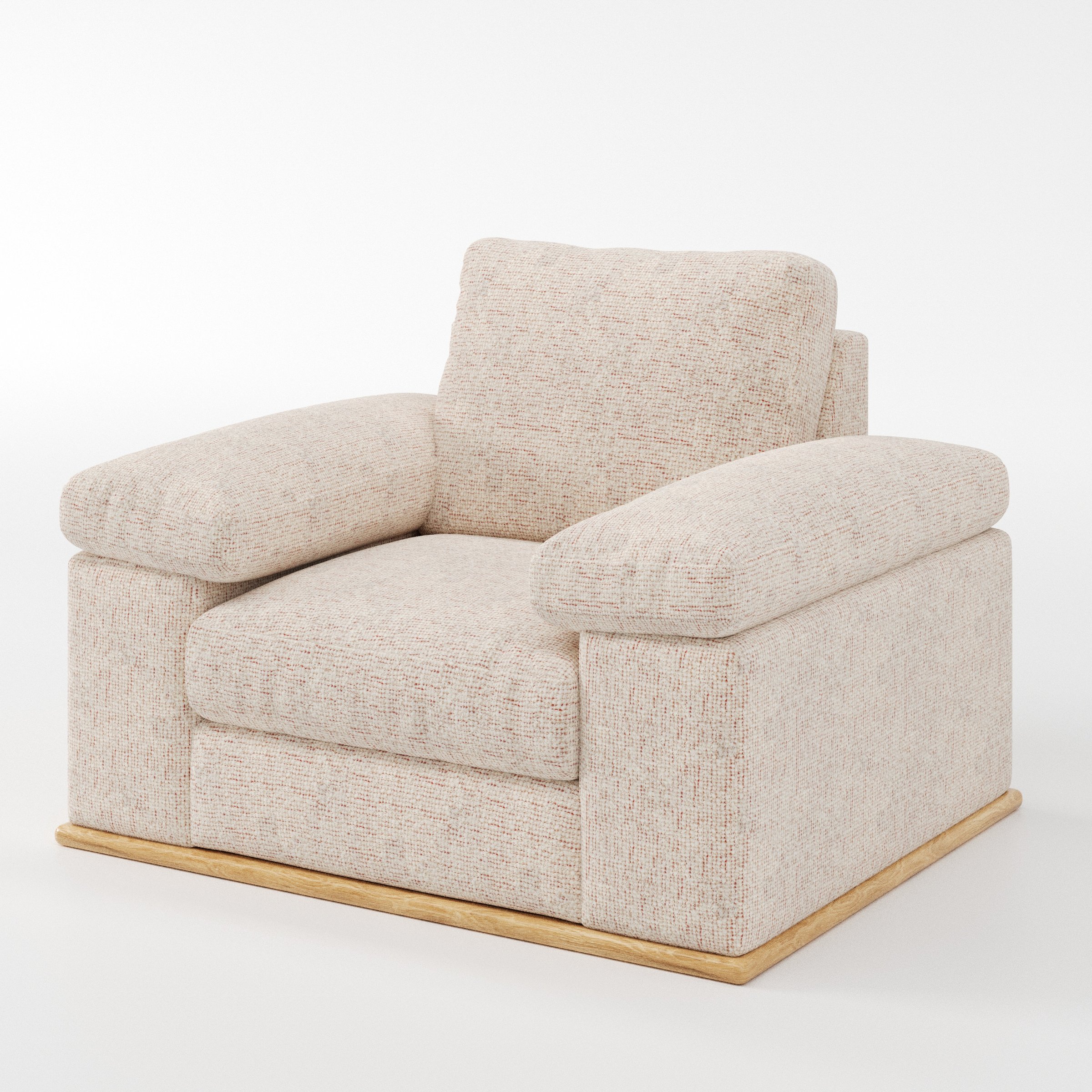 Cusher armchair in Orsay Boucle Cream and Copper shown at a diagonal angle highlighting arms and seat depth.