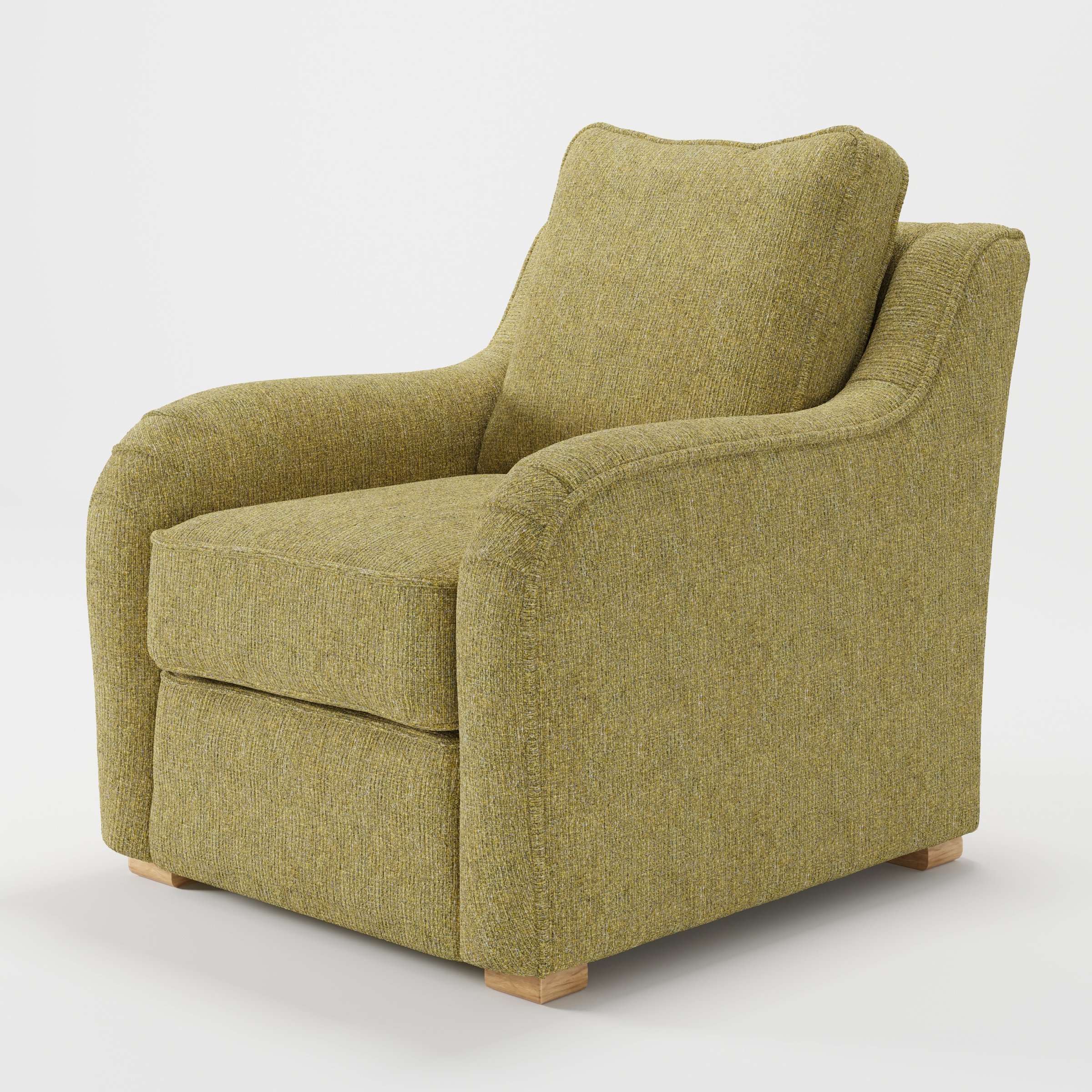 Cashel armchair in Heyling Tweed Sencha shown at a diagonal angle highlighting curved arms and seat depth.