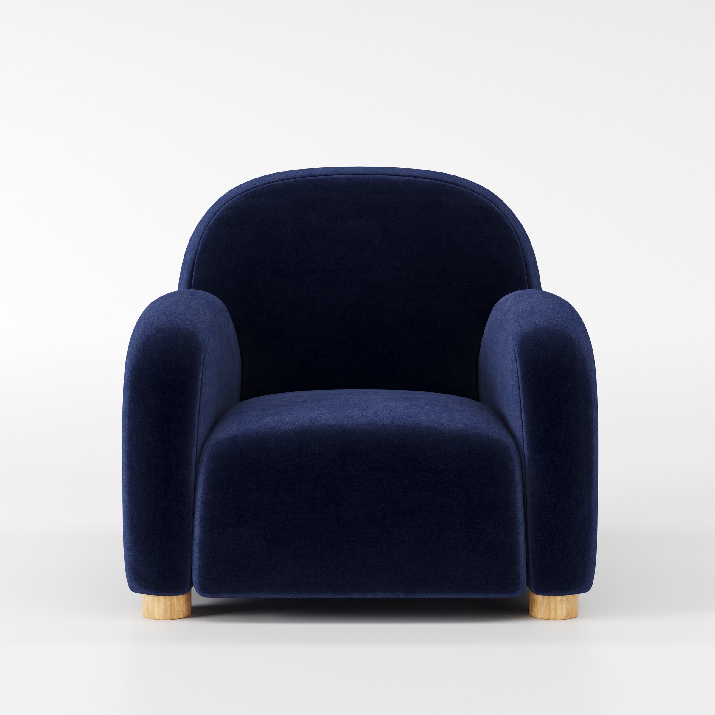Awe armchair in Noss Velvet Navy shown front-on against a neutral studio backdrop.