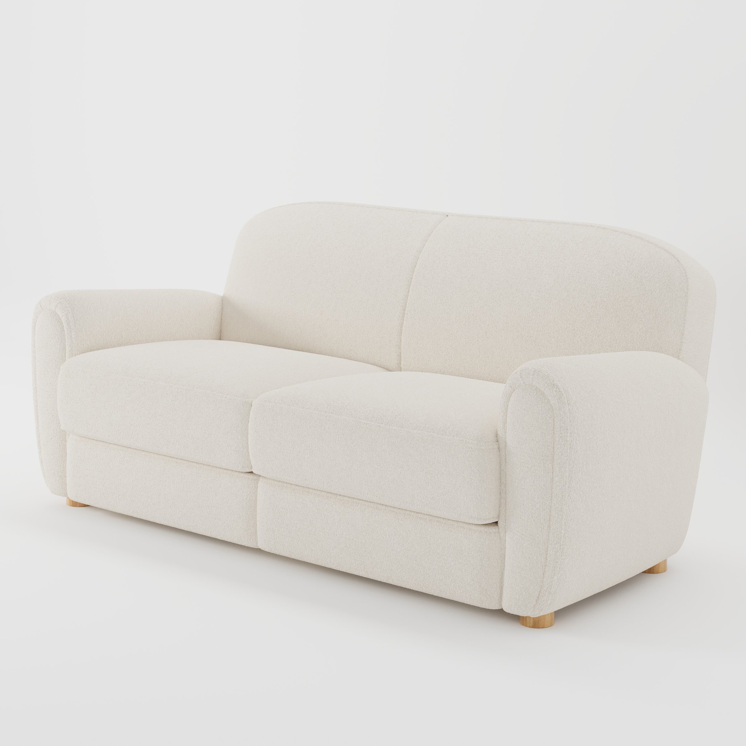 Fergus sofa in Kilda Boucle Cream shown at a diagonal angle highlighting arm profile and seat depth.